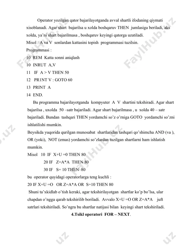 dan boshlab programmaning bajarilishi davom ettiriladi. misol : 1 dan 6 gacha bo’lgan juftsonlarning yig’indisi xisoblang. xisoblash dastur quyidagicha : 10 rem sonlar yig’indisi 11 s = 0 30 for x= 0 to 6 step 2 40 s = s + x 50 next x 60 print” s =”; s 70 end for- next operatorlarini ishlatishda quyidagilarga rioya qilish kerak : 1) tsikl sarlovxasi for ni bajarmasdan tsiklga kirish mumkin emas. 2) istalgan pastda tsikldan tashqariga chiqish mumkin . 3) tsikl tanasi a boshlangich qiymat v – oxirigi qiymat va s – qadamlarning qiymatlarini o’zgartirish tabsiya qilinmaydi. 5 . massiv operator dim ymassiv bu bir necha bilan belgilangan qiymatlar guruxi yoki jadvali. massivning har bir elementi massiv nomidan so’ng kavs ichiga olingan raqam yoki arifmetik yozilishi bilan belgilanadi. har bir massivda indeks soni mavjud. bu indekslar soni massivning necha o’lchovli ekanligi bildiradi. maslan, k(20) bir o’lchovli massivni , 2 (1,6) …