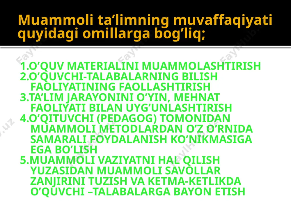 a bilmaslik o’rtasida obektiv ravishda vujudga keladigan ziddiyat muammoli vaziyat-o’quvchining ma’lum psixik xolatidir.bunday holat topshiriqni bajarish jarayonida ziddiyatni anglash o’quvchilarda predmet to’g’risidagi yangi bilimlarni izlash ehtiyojini uyg’otadi adabiyotlar ro’yxati 1.i.a.karimov ,,yuksak malakali kadrlar-taraqqiyot manbai’’t..o’zbekiston,1996-y 2.,,milliy istiqlol g’oyai;asosiy tushuncha va tamoyillari ‘’ –t.2000 y 11-15 bet 3.x.x.azizxodjayev ,,o’qituvchi mutaxasisligiga tayyorlash texnologiyasi” t-2000 y 4.b.l.ferberman ilg’or pedagogik texnologiyalar t-2001-y 5.v.p.bespalko ,,pedagogika va progressiv texnologiya” 1995-y 9 image2.png image3.png image4.png image5.jpeg image6.png