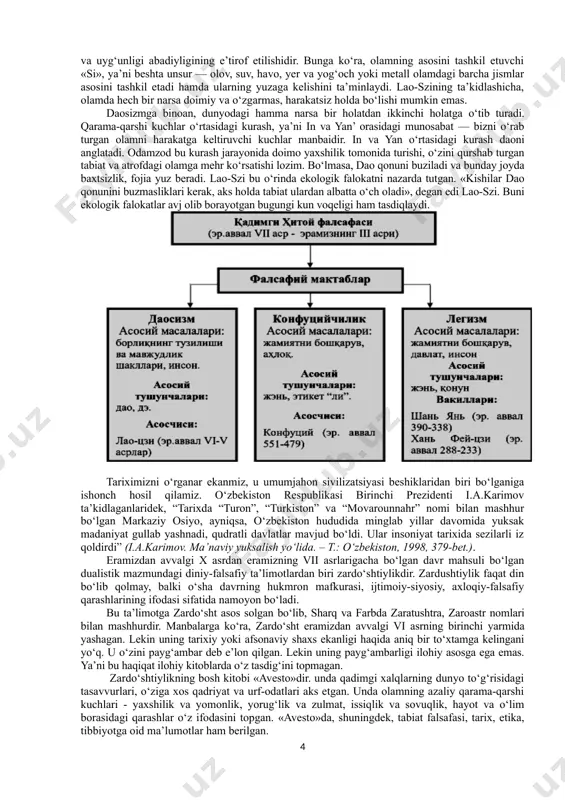 lganini ko‘rsatadi. birinchi holda, asosan, tabiiy bilimlarga tayanilgan, kundalik hayotda duch kelinadigan voqea-hodisalar aniq dalillar asosida tahlil etilgan, bu — o‘sha davr uchun tabiiy hol edi, ya’ni u - davrning inson ongida aks etishi, kundalik turmush hodisalarining oddiy bir tarzda ifodalanishi edi. aynan ana shu hol tabiiy bilimlar rivojiga, garchand sodda tarzda bo‘lsa-da, aksariyat hodisalarning falsafiy asosda izohlanishiga sabab bo‘lgan. ikkinchi holatda esa, hali tabiat kuchlarining qarshisida nihoyatda ojiz bo‘lgan odamzod, albatta, atrofdagi voqea-hodisalarni mifologik izohlashi tabiiy bir hol edi. shu bilan birga, odamning mavjudlik xossalarini va olam qonuniyatlarini ilmiy tushunish ko‘nikmasi hali shakllanib ulgurmagan o‘sha qadim zamonlarda, afsona hamda rivoyatlarga asoslanib fikr yuritmaslikning imkoni ham yo‘q edi. bu - o‘sha davrlardan qolgan yozma manbalarda, xususan, «xo‘jayinning o‘z quli bilan hayotining mazmuni haqida suhbati», «arfist qo‘shig‘i», «o‘z hayotidan hafsalasi pir bo‘lgan kishining o‘z joni bilan suhbati» kabi bitiklarda yaqqol namoyon bo‘lgan. qadimgi misr va bobilda shakllangan falsafaning eng asosiy xususiyati …