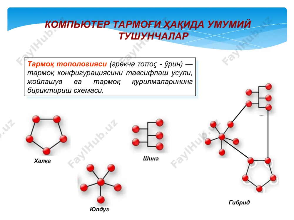 штирилганлиги; тармоқдаги носозликларни осон қидириш; тармоқнинг юқори унумдорлиги (агар тўғри лойиҳа қилинган бўлса); қулай администрлаштириш имкониятлари. камчиликлари марказий концентраторнинг ишдан чиқиши бутун тармоқнинг (ёки сегментнинг) ишдан чиқишига олиб келади; тармоқни монтаж қилишда бошқа топологияларга қараганда кўпроқ кабел кетади; тармоқдаги (ёки сегментдаги) ишчи станциялар сони марказий концентратордаги портлар сони билан чегараланган. * компьютер тармоғи ҳақида умумий тушунчалар халқа — бу компьютер тармоғининг топологияси бўлиб, унда ҳар бир компьютер алоқа линиялари орқали бошқа иккита бошқа компьютер билан уланган: биттасидан фақат маълумот олади, бошқасига фақат узатади. афзалликлари осон ўрнатиш; қўшимча қурилмаларнинг йўқлиги; тармоқ интенсив ишлаганда унинг турғун ишлаши (тезликни камайтирмасдан). камчиликлари битта иш станциясининг ишдан чиқиши тармоқнинг ишлашига таъсир этади; мураккаб конфигурация ва настройка; носозликларни қидиришнинг мураккаблиги. * компьютер тармоғи ҳақида умумий тушунчалар шина топологияси умумий кабелдан иборат бўлиб (шина ёки магистрал деб аталадиган), унга барча ишчи станциялар уланади. афзалликлари тармоқни ўрнатишга кам вақт кетади; арзон (кам кабель ва қурилмалар кетади); осон настройка …