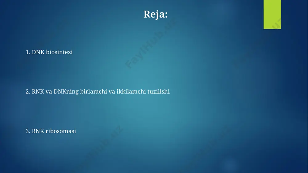 lizlaydigan peptidiltransferaza markazini o'z ichiga oladi va bu jarayon, ribosomal rnk (rrnk) ning 23s subbirligi orqali amalga oshiriladi. ribosoma kichik va katta subbirliklardan, taxminan 50 dan ortiq oqsil va 3 ta rnk molekulasidan (5s, 16s va 23s) tashkil topgan bo'lib, ularning o'zaro ta'siri prokaryotlarda, masalan, e. coli hujayralarida aniq kuzatiladi. dnk va rnkning birlamchi tuzilishi dnkning birlamchi tuzilishi deoksiribonukleotidlardan – adenin (a), guanin (g), sitozin (c) va timin (t) – tarkib topgan ikki spiral zanjirdan iborat bo'lib, bu zanjirlar vodorod bog'lari orqali bir-biriga bog'langan. rnkning birlamchi tuzilishi esa ribonukleotidlar – adenin (a), guanin (g), sitozin (c) va urasil (u) – ketma-ketligidan iborat bo'lib, odatda bitta zanjirli strukturaga ega. masalan, mrnk uzunligi minglab nukleotidlardan iborat bo'lishi mumkin. dnk biosintezi: replikatsiya dnk replikatsiyasi jarayonida, taxminan 50 ta nukleotid uzunlikdagi okazaki fragmentlari orqali orqaga qarab sintezlanadigan kechiktirilgan ipning sintezi prokaryotlarda, masalan, e.coli da tezroq amalga oshiriladi. evkaryot hujayralarida dnk replikatsiyasi, bir nechta replikonlarning …