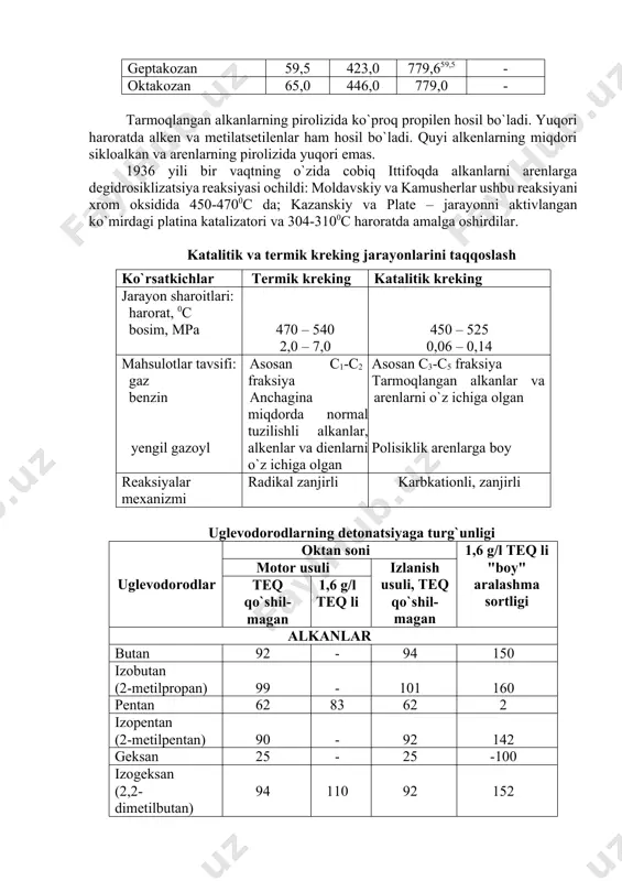 2 142 geksan 25 - 25 -100 izogeksan (2,2-dimetilbutan) 94 110 92 152 2,3-dimetilbutan 95 110 102 205 2-metilpentan 73 91 73 66 geptan 0 47 0 -200 2,4-dimetilpentan 93 111 93 143 тriptan (2,2,3-trimetilbutan) 102 112 106 255 оktan -20 28 0 -220 izooktan (2,2,4-trimetilpentan) 100 112 100 154 2,5-dimetilgeksan 54 83 55 44 alkenlar propen 85 - 101 - 2-penten 80 - 98 - 2-geksen 78 - 89 - 2-меtil-2-geksen 79 - 90 - 2,2,4-тrimetil-1-penten 86 - 103 - 2-оkten 56 - 56 - sikloalkanlar siklopentan 87 95 100 315 меtilsiklopentan 81 93 91 200 etilsiklopentan 61 81 67 115 siklogeksan 77 87 83 188 metilsiklogeksan 72 86 75 120 dekalin 38 - - -70 tetralin 65 - - 215 arenlar benzol 107 - 113 220 toluol 101 104 112 250 etilbenzol 97 102 103 250 o-ksilol 100 101 100 -15 m-ksilol 103 105 100 265 n-ksilol 103 …