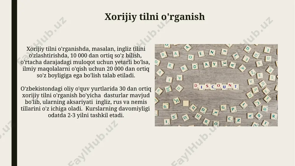yangi so'zlarni o'rganishda 30 kunlik reja tuzing va har kuni kamida 5 ta yangi so'z, masalan, iqtisodiyot sohasidagi atamalarni, lug'at yordamida o'rganib, jumlalar tuzing va misol sifatida ingliz, rus yoki xitoy tillaridagi ekvivalentlarini toping. e'tiboringiz uchun rahmat @taqdimot_robot image1.jpg image2.jpg image3.jpg image4.jpg image5.jpg image6.jpg image7.jpg image8.jpg image9.jpg