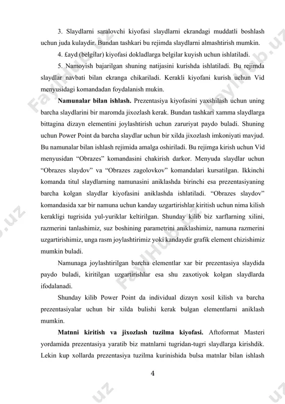 i aniklash mumkin. matnni kiritish va jixozlash tuzilma kiyofasi. aftoformat masteri yordamida prezentasiya yaratib biz matnlarni tugridan-tugri slaydlarga kirishdik. lekin kup xollarda prezentasiya tuzilma kurinishida bulsa matnlar bilan ishlash ancha osonlashadi. ish bir oynada bulayotgani sababli prezentasiya tuzilmasini kurish, unga matn joylashtirish ancha kulay buladi. masalan, komindant matnni almashtirish uchun avvalo uni belgilash (koraytirish) kerak, sungra yangi matn kiritiladi. agar prezentasiya tuzilma kurinishida berilsa, ekranning chap kismida tuzilma paneli kurinadi. uning tarkibidagi tugmacha yordamida sarlavxalar darajasi kupaytiriladi yoki pasaytiriladi; matn bloki yukori yoki pastga siljitiladi, tuzilma deyiladi yoki yigiladi. prezentasiya tayyorlashning asosiy boskichi - bu san’atkorona jixozlashdir; chunki grafik kiyofadagi ma’lumotlar matnlilarga nisbatan kurkamrok buladi, ikkinchidan, grafik kiyofa prezentasiyaning asosiy belgilarini ajratib kursatadi yoki ma’ruzalarning murakkab xolatlarini tushunishni osonlashtiradi. umuman, prezentasiya samaradorligi ishi tinglovchilarda yaxshi taassurot koldiradi. grafik obyektlar rasmini chizish. power point da xar kanday murakkab grafik obyektlar rasmini chizish mumkin. buning uchun risovaniye nomli uskunalar paneli mavjud. agar …