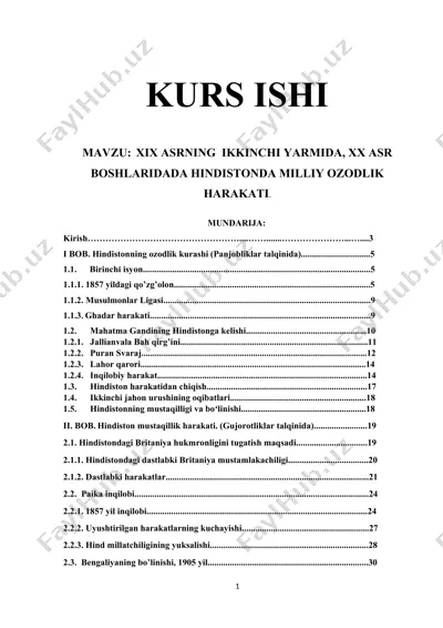 xix asrning ikkinchi yarmida, xx asr boshlarida hindistonda milliy ozodlik harakati — DOCX
