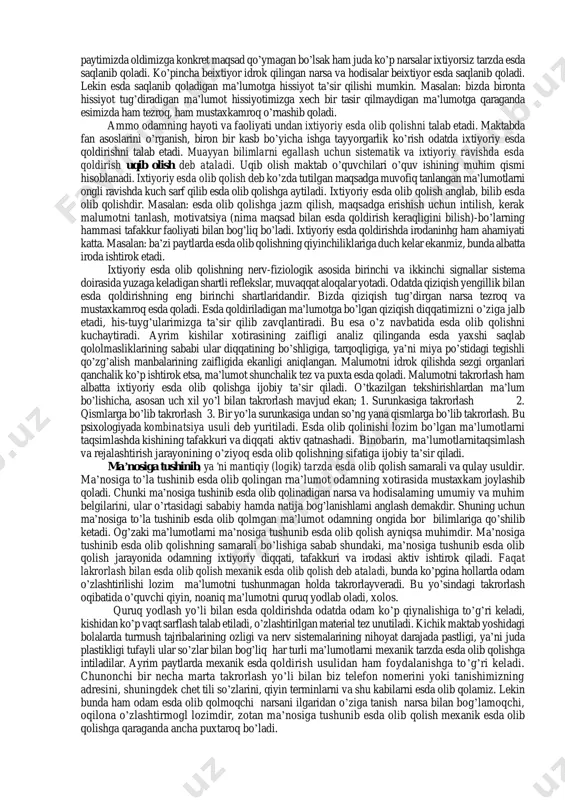 odatda mazmun jihatdan ikki xil tasavvur ya’ni xotira tasavvuri va xayoliy tasavvur farqlanadi. xotira tasavvuri ilgari idrok qilingan, ya’ni ilgari o’z shaxsiy tajribamizda bo’lib o’tgan, lekin hozir ko’z o’ngimizda bo’lmagan narsalarning obrazlarini ongimizda gavdalantirishdan iboratdir. masalan, birinchi marta maktabga borganimizdagi taassurotlarni ongimizda qayta tiklashimiz xotira tasavvuri bo’ladi. xayoliy tasavvur xotira tasavvuriga qaraganda murakkab bo’lib, ongimizdagi bilimlarimiz, tajribamiz asosida ilgari idrok qilinmagan, shu paytgacha turmush tajribamizda uchratmagan narsalarning obrazlarini yaratishdan iboratdir. xayoliy tasavvur ijod qilish jarayoni bilan bog’liq bo’lgan tasavvurdir. masalan: matndagi obrazlarning tasvirlanishiga qarab, ular obrazlarining ko’z oldimizda paydo bo’lishi xayoliy tasavvurga misol bo’la oladi. tasavvurlar narsa va hodisalarni bevosita idrok qilish orqali hosil bo’lishdan tashqari so’zlar orqali, ya’ni so’z bilan biron narsani tasvirlab berish orqali ham hosil bo’lishi mumkin. tasavvur obrazlarining to’la va ravshan bo’lishi birinchi navbatda idrokning chuqur va to’laligiga bog’liqdir. unchalik e’tibor bermay palapartish idrok qilgan narsalardan hosil bo’lgan obrazlar juda xira bo’ladi. binobarin, bunday obrazlar tasavvurda …