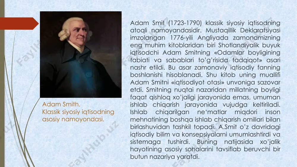 otib olish uchun chetga chiqariladi. a.smit merkantilistlarni pulni ko’paytirish konsepsiyasini tanqid qilib, iqtisodiyotda pulga zarurat tovarlarga nisbatan kamroq bo’ladi deb o’ylaydi. mamlakatda pul massasi qancha kam bo’lsa, iqtisodiy yo’qotishlar shuncha kam deb hisoblaydi. biroq, a.smit pulning roliga yetarlicha ahamiyat bermaydi va unga zarurat, boshqa tovarlarga qaraganda, doimo kamroq bo’ladi, deb aytadi. uning bu xatosini izdoshlari o’zlashtirib olib, klassik maktab nazariyasi o’z ta‘limotlarida qo’lladilar. smit jamiyatning uch holatini: yuksalayotgan – progress, statsionar – turg’un va tanazzul – regressga uchragan holatlarini farqlagan. birinchisida boylik ko’payadi va mehnatga talab-ehtiyoj ortadi. statsionar holatda ishchilarning ahvoli og’ir, tushkunlikda esa ayanchli bo’ladi. alfred marshall (1842-1924) iqtisodiyotda neoklassik (yangi klassik) yo`nalishning yetakchi vakili, marjinalizmning "kembrij maktabi"lideri hisoblanadi. kembrij universitetida o`qidi, uni tugadi va shu yerda butun hayoti davomida o`qituvchilik qildi. u siyosiy iqtisod fanidan (1863 yildan to 1908 yilgacha) dars berdi. 1902 yildan boshlab yangi "ekonomiks" fanini kiritdi va siyosiy iqtisod fani asta-sekin siqib chiqarildi. bozor bahosi …