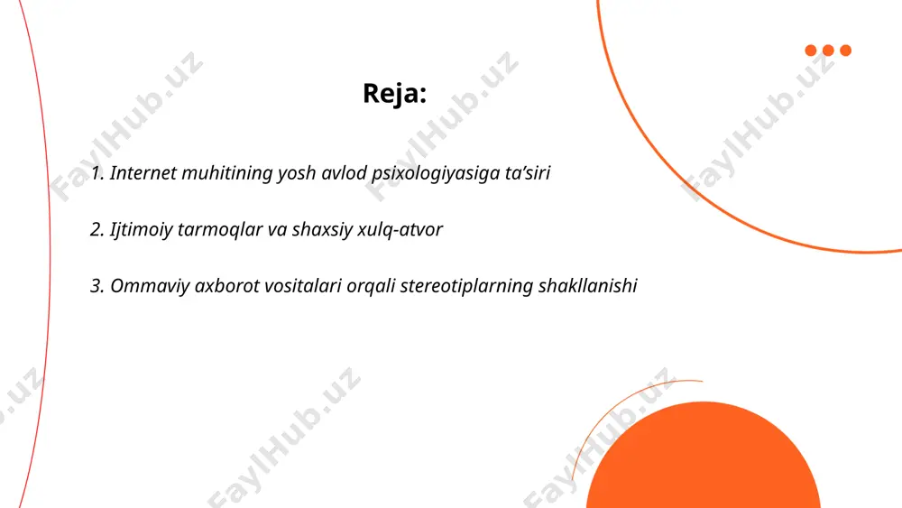 ari insonlarda qiyoslash tendensiyalarini oshirishi mumkin, bu esa shaxsiy mamnuniyat darajasiga ta'sir ko'rsatadi. ... t.me/slaydai_bot ommaviy axborot vositalari stereotiplarning shakllanishida muhim rol o'ynaydi. tadqiqotlar ko'rsatadiki, oavda takrorlanadigan tasvirlar va hikoyalar orqali stereotiplar kuchayadi. masalan, aqshda o’tkazilgan bir tadqiqotda aniqlanishicha, teleko'rsatuvlarda ayollarning 56 foizi shunchaki uy ishlariga oid rollarda tasvirlanadi. yana bir misol — kinolarda afroamerikalik erkaklarning 64 foizi jinoyatchi yoki zo'ravon rollarda ko'rsatiladi. bu kabi stereotipik tasvirlar tomoshabinlarning ongida ma'lum guruhlar haqida noto'g'ri tushunchalar hosil qiladi. shu tufayli, oavda xilma-xil va aniq tasvirlarning berilishi muhimdir. ... t.me/slaydai_bot 4. virtual muloqot va kommunikativ qobiliyatlar virtual muloqot va kommunikativ qobiliyatlar bugungi kunda muhim ahamiyat kasb etadi. internet foydalanuvchilarining soni 2023 yilda 5 milliarddan oshdi. odamlar turli platformalar orqali muloqot qilish imkoniyatiga ega: ijtimoiy tarmoqlar, elektron pochta, messenjerlar va videoqo‘ng‘iroqlar. virtual muloqotda muvaffaqiyatga erishish uchun yozma va og‘zaki nutq madaniyatini yaxshi bilish zarur. samarali kommunikativ qobiliyatlar, jumladan tinglash qobiliyati, savollar berish va aniq …