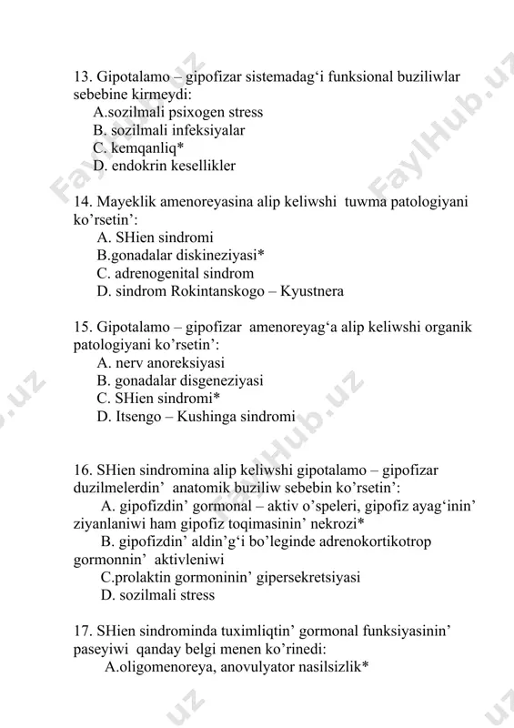 esellikleri payda boladi, bireuinen tisqari. a) ximiyaliq b) biologik* s) terminal d) mexanikalik 3. qin mikroflorasinin kanday kasiyeti infeksiya tarkaliuinin aldin aladi, birewinen tisqari a) mikroblarg‘a qarsi islep shig‘ariw b) fagotsitozdin aktivligi s) siltili ortaliq* d) kislotali ortaliq 4. kindagi kanday bakteriyalar patogen mikroblarga karsi tabiy tosiq bolip tabiladi a) stafilokokklar b) streptokokk s) laktobakteriyalar* d) trixomonadalar 5. infeksiya jinisiy joldin tomengi boliminen joqariga passiv tarizde qanday tarqaladi a) spermatozoidlar transporti menen b) trixomonadalar menen transport s) jatir bosligina jatir moyni kanali arqali* d) pataslang‘an instrumentler arqali 6. tomendegilerdi kay-kaysisi jinislik ag‘zalardin’ joqari qabati keselliklerine tiyisli? a. endometrit , salpingooforit, pelvioperitonit, parametrit* b. endometrit , kolpit, vulvit, parametrit s. kolpit, bartolinit, parametrit d. vulvit, kolpit, salpingooforit 7. baslangish vulvittin’ payda boliui : a. anemiya, semizlik penen b. qandli diabet, semirip ketiw, travmalar* s. terine salistirg‘anda tasirinde xam az qanliliq d.jaralari, qawipsizliginin’ terine tasiri 8. ne sebeplerdin’ tasirinde genital traktda infeksiyanin’ …