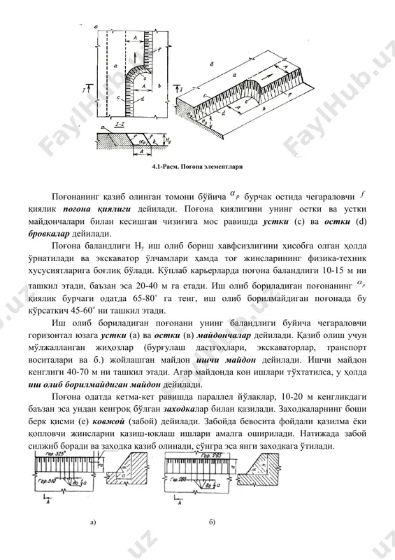 расм. поғона элементлари поғонанинг қазиб олинган томони бўйича бурчак остида чегараловчи қиялик поғона қиялиги дейилади. поғона қиялигини унинг остки ва устки майдончалари билан кесишган чизиғига мос равишда устки (с) ва остки (d) бровкалар дейилади. поғона баландлиги ну иш олиб бориш хавфсизлигини ҳисобга олган ҳолда ўрнатилади ва экскаватор ўлчамлари ҳамда тоғ жинсларининг физика-техник хусусиятларига боғлиқ бўлади. кўплаб карьерларда поғона баландлиги 10-15 м ни ташкил этади, баъзан эса 20-40 м га етади. иш олиб бориладиган поғонанинг қиялик бурчаги одатда 65-80˚ га тенг, иш олиб борилмайдиган поғонада бу кўрсаткич 45-60˚ ни ташкил этади. иш олиб бориладиган поғонани унинг баландлиги буйича чегараловчи горизонтал юзага устки (а) ва остки (в) майдончалар дейилади. қазиб олиш учун мўлжалланган жиҳозлар (бурғулаш дастгоҳлари, экскаваторлар, транспорт воситалари ва б.) жойлашган майдон ишчи майдон дейилади. ишчи майдон кенглиги 40-70 м ни ташкил этади. агар майдонда кон ишлари тўхтатилса, у ҳолда иш олиб борилмайдиган майдон дейилади. поғона одатда кетма-кет равишда параллел йўлаклар, …