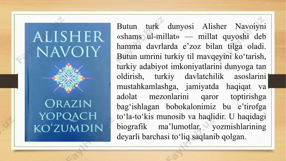 i. bu insoniyat tarixida kamdan kam uchraydigan hodisa edi: qudratli davlatning shavkatli podshohi bir shoirga jilovdorlik qilsa. mazkur hodisa ayni paytda husayn boyqaroning ma’nan yuksak, ma’rifatli va haqiqatpesha hukmdor bo‘lganligining dalilidir. navoiy «hayrat ul-abror» dostonida bejiz uni shoh g‘oziy deya ulug‘lamagan edi. navoiy fanning bir necha sohalarida qalam tebratib, zabar-dast olim ekanligini ham isbot etdi. o‘tmish mavzusida «tarixi mulki ajam» («ajam, ya’ni arab bo‘lmagan mamlakatlar tarixi»), «tarixi anbiyo va hukamo» («payg‘ambarlar va donishmandlar tarixi») asarlarini yozgan. turkiy adabiyotshunoslikda ham uning alohida o‘rni bor. aruzga doir «mezon ul-avzon» («vaznlar o‘lchovi»), tazkirachilikka oid «majolis un-nafois» («nafis majlislar») kabi asarlar yaratdi. bular o‘zbek (turk) tilida shu sohalardagi birinchi asarlar edi. buyuk shoir tilshunoslik bilan ham qiziqdi. lug‘atshunoslikka oid «sab’atu abhur» («etti dengiz») nomli kitob yozdi. ayniqsa, «muho-kamat ul-lug‘atayn» («ikki til muhokamasi») asarida turk (o‘zbek) va (fors) tillarini solishtirib, o‘z ona tilining tuganmas imkoniyatlarini ilmiy asoslab berdi. navoiy 1490-yillarda adabiyotimiz tarixidagi yana bir katta …