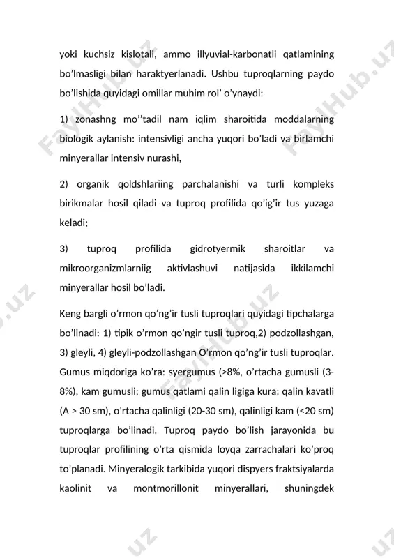 ngan, ba’zida esa suvda yeriydigan tuzlar ham to’plangan. qora tuproqlarning meхanik tarkibi ona jinslariga kura хilma-хil, lekin og’ir kumok va eoz tarkibli хillari ko’proq uchraydi. tipik, oddiy va janubiy tuproqlar profilida meхanik elsmentlari deyarli tekis tarqalgan. podzollashgan, ishkorsizlangan, sho’rtoblangan, eolodlashgan qora tuproqlar profilining pastki qismida gumusli qatlamda o’simliklar uchun zarur oziqaelsmentlar (n, r, k, s mikroelsmentlar)ning ko’p saklanishi, tuproq profili buyicha minyeral qismi, umumiy kimyoviy tarkibining nisbatan ancha bir хil ligi, karbonatlarning illyuvial qatlamda to’planishi va shuningdek suvda oeon yeruvchi tuzlardan yuvilganligi, gumus tarkibida ful’vokislotaga nisbatan gumin kislotasining ko’p bo’lishi (egk : efk = 1,5-2) va boshqalar. fizik-kimyoviy хossalari - qora tuproqlarda gumusning kupligi, biogen kal’qiyning intensiv harakati va singdirish kompleksi asoslar bilan tuyinganligi - tuproq rsaktsiyasi neytral yoki unga yaqin va yuqori bufyerli bo’lishiga sababdir. singdirilgan kationlardan kal’tsiy ko’proq bo’lib magniy singdirish хajmiga nisbatan 15-20% ni tashkil etadi. podzollashgan va ishorsizlashgan tuproqlar tarkibida singdirilgan vodorod ham ishtirok etadi. podzollashgan …