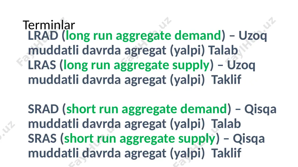 o’rsatadi. “agregat talab” qisqa muddatda agregat taklif 11 note: in edit mode (what powerpoint calls “normal view”), this slide looks cluttered. but in presentation (a.k.a. slide show) mode, it all works pretty well. suggestion: briefly explain each element of the graph as it appears. (brief is appropriate because each element will be discussed carefully in the following slides.) the price level, p, is measured along the vertical axis. the aggregate quantity of goods and services – i.e., real gdp – is measured along the horizontal axis (and denoted y, as in previous chapters). by focusing on the relationship between a nominal variable and a real one, we are highlighting the breakdown of the classical dichotomy. the downward-sloping curve is the “aggregate-demand curve.” the upward-sloping curve is the “aggregate-supply curve” – actually, the short-run aggregate-supply curve. we will see soon that the aggregate supply curve looks different in the long run. …
