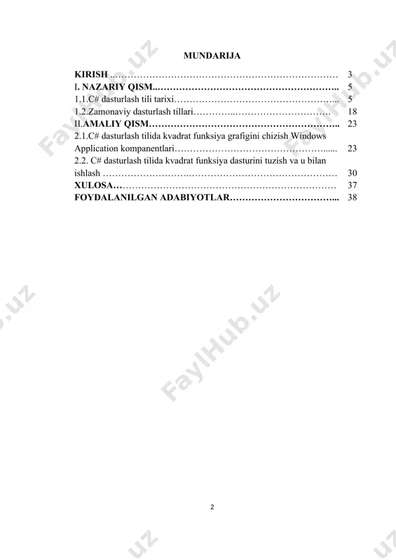 fanlari kiritilgan. 2005- yil 2-iyunda o’zbеkiston rеspublikasi prеzidеntining “axborot tеxnologiyalari sohasida kadrlar tayyorlash tizimini takomillashtirish to’g’risida”gi qarori qabul qilindi. bu qarorlarning davomi sifatida o’zbekiston respublikasi “axborot erkinligi prinsiplari va kafolatlari to’g’risida” qonuni 2012-yil 12-dekabrda qabul qilindi. ushbu qonun 16 moddadan tashkil topgan bo’lib, unda ushbu qonunning asosiy vazifalari, axborot erkinligi prinsiplari va kafolatlari to'g'risidagi qonun hujjatlari, axborot erkinligining asosiy prinsiplari axborotning ochiqligi va oshkoraligi, axborotni olish tartibi, shaxsning, jamiyatning, davlatning axborot borasidagi xavfsizligi, shu kabi bir qator moddalarni o`z ichiga olgan. xalqning boy intellektual merosi va umumbashariy qadriyatlar asosida, zamonaviy madaniyat, iqtisodiyot, fan, texnika va texnologiyalarning yutuqlari asosida kadrlar tayyorlashning mukammal tizimini shakllantirish o’zbekiston taraqqiyotining muhim shartidir. hozirgi kunda respublikamizdagi texnika oily o`quvyurtlarida “informatika va axborot texnologiyalari” yo`nalishi va mutaxasisliklariga turli xil dasturlash turlarini o`rnatish mo`ljallangan. bizga ma`lumki, dasturlash tillarining yuzdan ortiq ko`rinishlari bor, lekin qo`llanishi ko`lamiga qarab delphi, java, c++ va c# dasturlash tillari yuqori dasturlash sinfiga mansubdir. kurs …