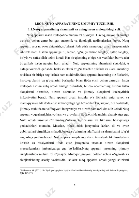 ega bo‘ladilar.nutq apparati insonning ijtimoiy rivojlanishida muhim rol o‘ynaydi. muloqot jarayoni bolalar uchun o‘rganish va rivojlanishning asosiy vositasidir. bolalar nutq apparati orqali yangi so‘zlarni o‘rganadilar, ularni to‘g‘ri talaffuz qilishni o‘rganadilar va fikrlarini boshqalar bilan ifoda etishda ko‘nikmalarini rivojlantiradilar. nutq apparati yordamida bolalar o‘z his-tuyg‘ularini, g‘oyalarini va fikrlarini ifoda etish imkoniyatiga ega bo‘ladilar, bu esa ularning ijtimoiy ko‘nikmalarini oshirishga yordam beradi. nutq apparati, shuningdek, bolalarning ijodiy fikrlash qobiliyatini rivojlantirishda ham muhim rol o‘ynaydi.nutq apparati insonning muloqot jarayonida o‘zaro tushunishni ta'minlashga yordam beradi. o‘rganish jarayonida bolalar nutq apparatini rivojlantirish orqali boshqalar bilan o‘zaro muloqot qilishni o‘rganadilar. bu jarayon, o‘z navbatida, ijtimoiy aloqalarni mustahkamlash va o‘zaro tushunishni oshirishga yordam beradi. nutq apparati yordamida insonlar o‘zaro fikr almashish, savollar berish va javob berish, muammolarni hal qilish va qarorlar qabul qilish jarayonlarida ishtirok etadilar. bu jarayonlar, o‘z navbatida, ijtimoiy hayotni yanada faol va samarali qilishga yordam beradi.bundan tashqari, nutq apparati insonning hissiy rivojlanishida ham muhim …