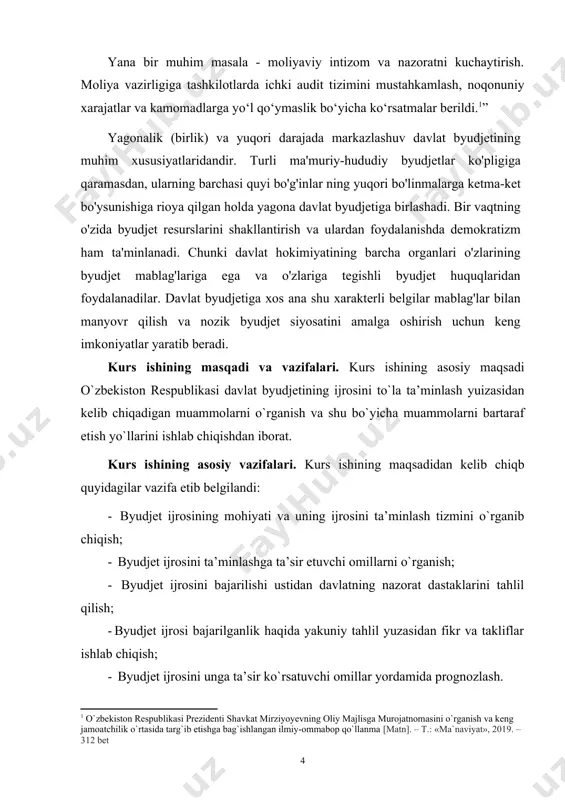 udjetlarni samarali ijrosining ahamiyati katta. bozor iqtisodiyotida davlatning moliyaviy resurslarni boshqarish ahamiyati beqiyos hisoblanadi, shu sababli respublikamizda davlat budjeti ijrosini amalga oshirishda g’aznachilik tizimiga o’tish zaruriyati paydo bo’lmoqda. budjet tizimi mamlakat moliya tizimining muhim bo’g’ini bo’lib, uning muvaffaqiyatli tashkil etilishi samarali budjet siyosatining asosini tashkil etadi. davlatmoliyasitizimidagitubislohotlarnatijasidabudjetningg’aznaijrosigao’tilishish uningdek, budjetning o’rta muddatli istiqbolini belgilashga o’tish chora-tadbirlari mamlakatimizda izchillik bilan amaliyotga joriy etilmoqda. jahon andozalari va xalqaro budjet amaliyotining yangi qat’iy talablari va mezon lari asosida davlat budjetining o’rta muddatli istiqbolini belgilash tizimiga o’tishning joriy etilishi, rivojlangan mamlakatlarda samarali amal qilayotgan natijaviylikka asoslangan budjetlashtirish amaliyotga joriy etilishi budjet tizimi oldiga ham ulkan vazifalar qo’yadi. milliy iqtisodiyotni samarali boshqarish va tartibga solishda, ijtimoiy iqtisodiy rivojlanishni ta’minlashda, har bir davrning ustuvor ahamiyatga ega bo’lgan taraqqiyot vazifalarini muvaffaqiyatli bajarishda davlatning boshqa iqtisodiy instrumentlari qatori, mamlakat budjet tizimi ham muhim ahamiyat kasb etadi va tegishli tarzdan faqat ayrim joriy, operativ, balki shu bilan birga kompleks va …