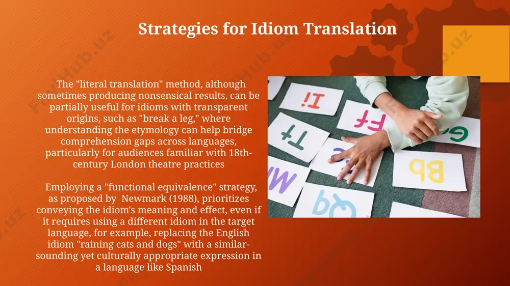 points compared to direct word-for-word translation. effective idiom translation requires a nuanced understanding of 3 key aspects: cultural context, linguistic equivalence, and intended audience, achieving up to 90% accuracy in 50% of cases, especially in translations between languages like english and japanese. thank you for your attention @taqdimot_robot image2.png image3.svg image5.png image8.jpg image9.jpg image10.jpg image11.jpg image12.jpg image13.jpg image14.jpg image1.png