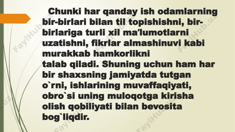 ssi bo`lsa, unda odam ishga <<bayramga kelganday» keladigan bo`lib qoladi. shuning uchun ham amerikalik sotsiolog hamda psixolog jon moreno asrimiz boshidayoq ana shu omilning unumdorlikka bevosita ta'sirini o`rganib, sotsiometrik texnologiyani, yaʼni so`rovnoma asosida bir-birini yoqtirgan va bir-birini inkor qiluvchilarni aniqlagan sotsiometriya va metodikasiga asos solgan edi. shunday qilib, muloqot odamlarningjamiyatda o`zaro hamkorlikdagi faoliyatlarining ichki psixologik mexanizmini tashkil etadi. qolaversa, hozirgi yangi demokratik munosabatlar sharoitida turli ishlab chiqarish qarorlarini yakka tartibda emas, balki kollegial - birgalikda chiqarish ehtiyoji paydo bo`lganligini hisobga olsak, odamlarning muomala madaniyati va muloqat texnikasi mehnat unumdorligi xamda muhim omillaridandir. e'tiboringiz uchun rahmat /docprops/thumbnail.jpeg