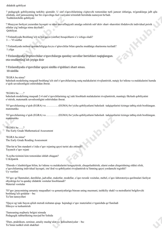 reativ shaxsni kasbiy shakllantirish va rivojlantirish jarayoni ? shaxsning ijodiy faoliyatni tashkil etish va uning natijalanganligiga erishishni ta’minlash imkoniyatini belgilovchi individual xususiyati bu qanday qobiliyat kreativ qobiliyat ? boshlang’ich sinf o’quvchilarining yosh, psixologik xususiyatlarini inobatga olgan holda ularni o’qitish va tarbiyalash jarayonini o’rganadigan fan bu…? boshlang’ich ta’lim pedagogikasi ? muayyan o’quv fani bo’yicha ta’lim maqsadi, o’quv dasturi va didaktik talablarga muvofiq belgilangan ilmiy bilimlari to’g’risidagi ma’lumotlarni beruvchi manba bo’lib, u mazmuni va tuzilishiga ko’ra fan bo’yicha yaratilgan o’quv dasturiga mos keladi. bu darslik ? innovatsiya faoliyatidagi «kreativlik» deganda siz nimani tushunasiz? o’qituvchining yangi tushuncha yaratish va yangi ko’nikmalar hosil qilish qobiliyatini bildiradi ? dars….. bevosita o’qituvchi rahbarligida aniq belgilangan vaqt davomida muayyan o’quvchilar guruhi bilan olib boriladigan ta’lim jarayoni ?maktabda dars jarayoni asosan necha daqiqa bo’ladi? 45 daqiqa ? pedagogik faoliyat deganda qanday jarayon tushuniladi? yosh avlodni hayotga, mehnatga tayyorlash, ta’lim-tarbiya berish uchun maxsus tayyorlangan odamlarning mehnat faoliyati ? individuallashtirilgan …