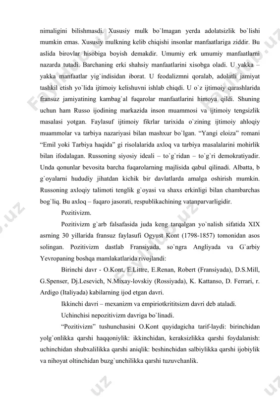 iv yoki ilmiydir. inson bilish jarayonida ana shu yо`llardan, alabatta о`tadi. demak bu uslublardan uch turdagi falsafiy dunyoqarash yoki umumiy qarashlar tizimi vujudga keladi. birinchisi ijod tafakkurining boshlang`ich harakatga keluvchi nuqtasi: ikkinchisi – о`tuvchanlik rolini о`ynaydi: uchinchisi - aniq yakuniy holatdir. k. marksning tarixiy materializmi. karl marks (1818-1883) nemis falsafasining vakili sobiq ittifoq davrida mutlaqlashtirilgan falsafiy talimotining asoschisidir. otasi yahudiy millatiga mansub advokat bо`lgan. grir gimnaziyasida dastlabki malumotni olgach (1830-1835), bonn (1835-1886) va berlin (1836-1841) universitetlarida о`qigan bu daqiqalarda u huquq, falsafa va tarix fanlarini о`rgandi. marks ilmiy tadqiqotlari falsafa, tarix sotsiologiya, iqtisodiyot nazariyasi kabi soxalarini xam qamrab olgan edi. feyerbax materializmi marks о`z talimotida gegelning dunyo dialektik tarixiy jarayon ekanligi xaqidagi tasavvurini saqlab qoladi, biroq uning о`zligini moddiy turmushning rivoji tashkil qiladi, deydi. gegelni “idealist”, marksni esa “materialist” deb tasvirlash – masalani soddalashtirishdir. gegel asarlarida tarix “boshida idealizm turadi va marks uni oyoqqa” (materializm) qо`ydi deganda tarix oyog`i bilan …
