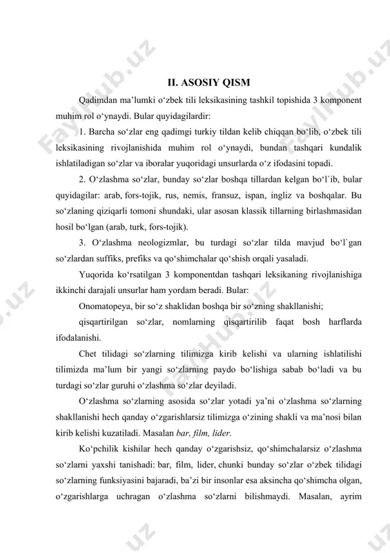 o‘zbek tilida talaffuz etilgan, xuddi shu holat italyan o‘zlashma so‘zlarida ham kuzatilgan, misol qilib shuni aytishimiz mumkinki, haqiqiy o‘zlashma o‘zlashma neologizm va chet tilidan kirgan so‘zning ma’nosini va ko‘chma ma’nolarini to‘g‘ri farqlay olishimiz zarur. misol qilib ba’zi bir o‘rta sharq olimlari o‘zlashma so‘zlarni yaxshi eslay olishgan, ammo ularni talaffuz eta olishmagan shu vaziyatda ular so‘zlarning ko‘chma ma’nolarini qo‘llashgan. o‘zlashma neologizmlarga nimalar kiradi? ot, fe’l va sifat so‘z turkumlariga oid so‘zlar kiradi. o‘zlashma fe’llar va sifatlar ikki lingvistik tor ma’noda uyg‘unlashadi va bundan tashqari bilingvistik sharoitni yaratadi. yana shuni ham aytib o‘tishimiz joizki, o‘zlashma so‘zlar morfologiyaning elementlari ham deyiladi. zamonaviy lingvistika o‘zlashma neologizmlarni ( yunoncha “neos” yangi va “logos” so‘z ) lingvistika evolyutsiyasining asosiy personaji sifatida ta’kidlaydi. yangi so‘z bu leksikaning boyishi demakdir. yangi so‘zning shakllanishidagi barcha jarayonlar neologiya deb ataladi. o‘zlashma neologizmlar qayerda xabar va yangiliklar tezlikda tarqalsa o‘sha hududlarda tez shakllanadi va rivojlanadi. yuqorida aytib o‘tilganidek o‘zlashma neologizmlar tilda …