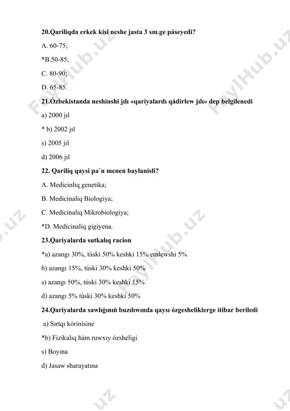 noskopiya c) ekg d) qan analizi 44.qariyalarda jataq jaralardiń aldin aliw a)azanda-keshte jurgiziw b)shiniģiwlar islew s) oksigenoterapiya *d) kunine bir neshe márte qaptal tárepine awdariw, tósekte burmeler bolmawi, rezina sheńber qoyiw 45.qariyalarda pnevmaniyali emlewde qollanılatuģın dáriler *a) antibiotikler, qaqırıq tusırıwshi dáriler b) insulin s) jurek glikozidleri d) sidik aydawshi dáriler 46.qariyalarda jurek jetispewshiliginiń simptomlari a)meteorizm b)kóp siyiw s) dene temperaturasiniń kóteriliwi *d) entigiw, taxikardiya, isikler, miy aylaniw, uyqisizliq 47.qariyalarda jurek jetispewshiliginiń diagnostikasi a) gastrofibroskopiya ótkeriw *b) ekg, qanniń bioximiyaliq analizi s) qaqiriq analizi d) duodenal zondlaw 48.qariyalarda jurek jetispewshiligin emlew a)antibiotikler b)qaqiriq tusiriwshi dáriler s) gormon preparatlari beriledi *d) jurek glikozidleri, sidik aydawshi dáriler 49.jurek jetispewshiligi menen awirģan qariya nawqaslarģa hamshiraliq kutimi a) duodenal zondlaw *b) deneniń joqari bólimin kóterip, diafragmani tusirip, dem aliw kólemin asiriw, kislorod ingaliyatsiya s) insulinoterapiya ótkeriw d) quwiqti katetrlew 50.qariyalarda gipertonik krizdi joq etetuģin dárilerdiń biri *a) dibazol b) platifillin s) natriy xlor d) strofantin …