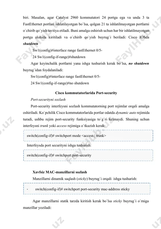 kichlarini sozlang; · 2.1-jadvalga yuqorida keltirilgan topshiriqlarni kiriting. 2.4-rasm. tarmoq topologiyasi. 2.1-jadval qurilma ip-manzil mas-manzil interfeys port rejimlari laptop0 192.168.1.1 00e0.f902.d683 fa0 n/a laptop1 192.168.1.2 000b.be9b.ee4 a fa0 n/a laptop2 192.168.1.3 00d0.5819.04e3 fa0 n/a laptop3 192.168.1.4 0004.9ab9.dac2 fa0 n/a laptop4 192.168.1.5 00d0.bac2.8c58 fa0 n/a laptop5 192.168.1.6 0000.0c6e.01e0 fa0 n/a sw1 n/a n/a fa0/1 sticky sw1 n/a n/a fa0/2 mac-address 00d0.5819.04e3 sw1 n/a n/a fa0/3 violation protect sw1 n/a n/a fa0/5-24 shutdown sw2 n/a n/a fa0/1 restrict sw2 n/a n/a fa0/2 restrict sw2 n/a n/a fa0/3 protect sw2 n/a n/a fa0/4 maximum 4 ishni bajarish tartibi switch>enable switch#conf t enter configuration commands, one per line. end with cntl/z. switch(config)#hostname orzimurod-s1 orzimurod-s1(config)#interface fa0/1 1. portni access rejimiga o`zgartirish orzimurod-s1(config-if)#switchport mode access 2. portda port-securityni ishga tushurish orzimurod-s1(config-if)#switchport port-security 3. secure-mac ni dinamik aniqlashni ko`rsatish orzimurod-s1(config-if)#switchport port-security mac-address sticky orzimurod-s1 (config-if)#exit 4. secure-mac ni statik aniqlashni ko`rsatish orzimurod-s1#enable orzimurod-s1#conf t enter configuration commands, …