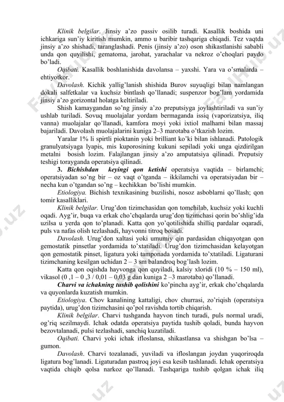 da qisilib qolishi. bunda jinsiy a’zo tashqarida qolib, preputsiy xaltasiga qaytib kirmaydi. bichilgan hayvonlarda kam uchraydi. etiologiya. jinsiy a’zoning mexanik shikastlanishlari, qo’pol kateterizatsiya, parez, falaj, sovuq urishi, bichishdan so’ng shish rivojlanishi, o’sma, chandiq, yaralar; umumiy holsizlanish. klinik belgilar. jinsiy a’zo passiv osilib turadi. kasallik boshida uni ichkariga sun’iy kiritish mumkin, ammo u baribir tashqariga chiqadi. tez vaqtda jinsiy a’zo shishadi, taranglashadi. penis (jinsiy a’zo) oson shikastlanishi sababli unda qon quyilishi, gematoma, jarohat, yarachalar va nekroz o’choqlari paydo bo’ladi. oqibati. kasallik boshlanishida davolansa – yaxshi. yara va o’smalarda – ehtiyotkor. davolash. kichik yallig’lanish shishida burov suyuqligi bilan namlangan dokali salfetkalar va kuchsiz bintlash qo’llanadi; suspenzor bog’lam yordamida jinsiy a’zo gorizontal holatga keltiriladi. shish kamaygandan so’ng jinsiy a’zo preputsiyga joylashtiriladi va sun’iy ushlab turiladi. sovuq muolajalar yordam bermaganda issiq (vaporizatsiya, iliq vanna) muolajalar qo’llanadi, kamfora moyi yoki ixtiol malhami bilan massaj bajariladi. davolash muolajalarini kuniga 2–3 marotaba o’tkazish lozim. yaralar 1% li …