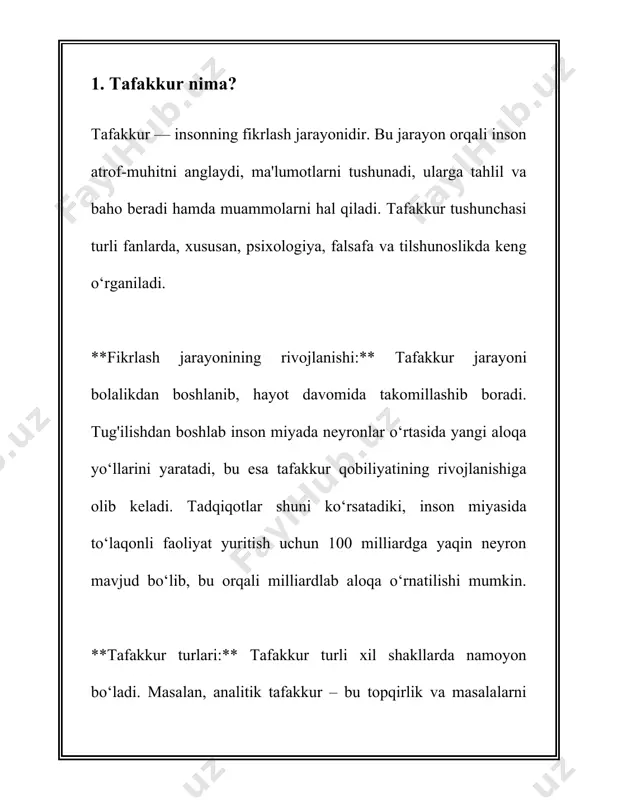 y rol o‘ynaydi. tafakkur insoniyatning rivojini va yuksalishini nazarda tutadigan asosiy xususiyatlardan biridir. 2. tafakkurning ahamiyati tafakkur insonning eng muhim aqliy faoliyatlaridan biri bo‘lib, u fikrlash, tahlil qilish va xulosa chiqarish jarayonlarini o‘z ichiga oladi. buni amalga oshirishda inson miyasi yuqori darajada faollashadi. tafakkurning ahamiyatini tushunish uchun ayrim muhim faktlar va statistik ma’lumotlarga murojaat qilamiz. avvalo, tafakkur insonning yashash va rivojlanishda asosiy vositalardan biri hisoblanadi. har bir inson kuniga 60,000 dan 80,000 gacha tuzatish mumkin tushunchalar shakllantirishi mumkin, bu esa kuniga 40-55 ta qabul qilinadigan qator ilohiy yoki axborot integratsiyasini o‘z ichiga oladi. bu jarayon har bir insonning individual maqsadlariga, intilishlariga va qiziqishlariga mos ravishda amalga oshiriladi. tafakkur rivojlanishi insonning yashash sharoitlari va zamon talablariga bog‘liq. masalan, ta’lim darajasi yuqori bo‘lgan jamiyatlarda insonlar tafakkur jarayonlari yanada rivojlangan bo‘lishi kuzatiladi. dunyodagi rivojlangan davlatlarda o‘quv aholi darajasi 95% dan ortiqni tashkil qiladi. bu esa iqtisodiy, ilmiy va madaniy taraqqiyotga bevosita tasir ko‘rsatadi. …