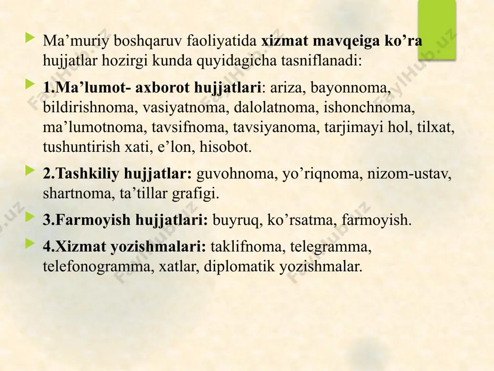berish, moddiy yordam ko’rsatish va hokazolar haqida yozgan arizalar – iltimos arizalar hisoblanadi. bayonnoma (majlis bayoni). bayonnoma- turli yig’ilish, kengash va boshqa tur anjumanlarning borishini, majlis qatnashchilarining chiqishlari va ular qabul qilgan qarorlarni aniq, siqiq holda qayd qiluvchi rasmiy hujjat. bayonnomalarni rasmiylashtirish ham barcha rasmiy idoralar hayotidagi ish yuritishning muhim qismlaridan hisoblanadi. chunki turli tashkilot va muassasalar jamoalari faoliyatiga oid ko‘plab masalalar yig‘ilishlarda, demokratik yo‘l bilan hal bo‘ladi va ularni hal qilishga oid qabul qilingan qarorlar hayotga tatbiq etilishi uchun belgilangan tartibda rasmiylashtiriladi. ana shu rasmiylashtirilgan hujjat bayonnoma sanaladi. bayonnoma (majlis bayoni). bayonnoma jamoaning faoliyati olib boriladi va nazorat qilinadi. bayonnomada uni rasmiylashtirayotgan tashkilot va muassasaning nomi, bayonnoma degan so‘z, yig‘ilish raqami, sanasi va joyi, qatnashuvchilar, kun tartibi, uning muhokamasi tafsiloti (asosiy ma’ro’zachi va so‘zga chiquvchilar), qabul qilingan qarorlar, majlisga raislik va kotiblik qilganlarning imzosi o‘z aksini topgan bo‘lishi lozim. agar zarur bo‘lsa, uning oxirida ilova ham berilishi mumkin. bayonnomalar …
