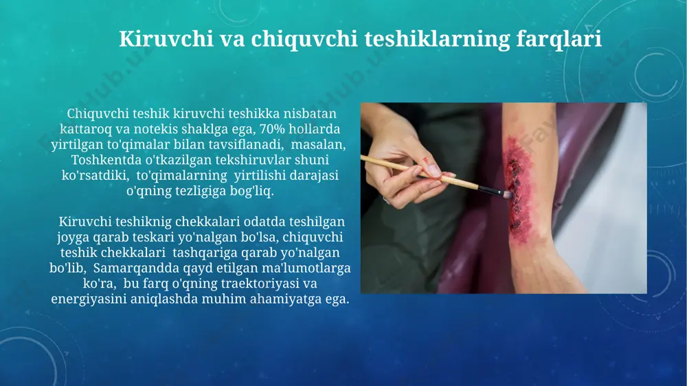 g‘iga 3-5 sm diametrli o‘q teshib kirishi ichak devorlarining yirtilishi, qon ketishi va peritonitga olib kelishi mumkin, bu esa samarqand viloyatidagi kuzatuvlarga asoslanib, yuqori o‘lim xavfini keltirib chiqaradi. doimiy va vaqtinchalik bo'shliqlar doimiy va vaqtinchalik bo'shliqlarning hajmi va joylashuvi o'qning kalibri, tezligi va otilgan masofaga bog'liq bo'lib, bu samarqand shahridagi sud-tibbiyot amaliyotida aniqlangan. vaqtinchalik bo'shliqlar, gematoma va shish kabi, jarohat olinganidan keyin bir necha kun ichida o'z-o'zidan yo'qolishi mumkin, ammo ularning hajmi 5-10 sm ga yetishi mumkin va jarrohlik aralashuvni talab qilishi mumkin. otish quroli kalibrini aniqlash o'qning materiallari, masalan, qo'rg'oshin yoki mis qotishmalari (mis 70%, rux 30%) tarkibini aniqlash orqali otish qurolining turini va kalibrini aniqlash mumkin, bu esa andijon viloyatida joylashgan laboratoriyalarda amalga oshiriladi. otish quroli kalibrini aniqlashda, o'qning shakli va uzunligi (masalan, 9 mm parabellum uchun 25 mm) muhim ahamiyatga ega bo'lib, samarqanddagi laboratoriyalarda balistik ekspertiza natijalari bilan taqqoslanadi. sud-tibbiy ekspertiza jarayoni sud-tibbiy ekspertiza davomida 100 dan …