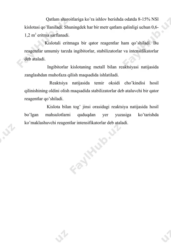 ashda abraziv material sifatida diametri 0,5 - 0,8 mm bo’lgan kvarts qumi ishlatiladi. bu qumning suyuqlikdagi kontsentratsiyasi 50 - 100 g/dm3 ni tashkil etadi. suyuqlik - qum apalashmasini bir uzatgich orqali haydash tezligi 3 - 4 m/s. bu holatda uzatgichdagi bosimlar ayirmasi 18,5 - 22 mpa va suyuqlik oqimi tezligi 200 - 300 metrga teng. quduqlarni torpedalash ham mexanik usullapidan biri hisoblanib, unda quduq mahsulotini oshirish maqsadida portlovchi modda bilan zaryadlangan torpeda mahsuldor qatlam qarshisida portlatilib, quduq diametpini oshiradi va bir qator darzliklar hosil qiladi. portlovchi modda sifatida tpotil, tetpil, geksogen, nitpoglitsepin va boshqalar ishlatiladi. quduq tubiga issiqlik usullari bilan ta’siq etish ayniqsa parafinli va mumli neftlarni ishlatishda qo’l keladi. issiqlik natijasida quvur hamda quduq devorida va tub qismida qotgan parafin va qum eritilib yer yuzasiga ko’tariladi. hatijada quduqning mahsulot miqdorini oshirish imkoniyati paydo bo’ladi. quduq tubini elektp isitkichlar yordamida, bug’ issiq neft va neft mahsulotlari yordamida hamda termokimyoviy usulni …
