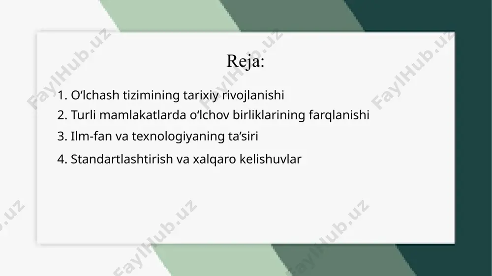ologiyaning rivojlanishi bilan yagona o‘lchov tizimini yaratishga ehtiyoj tug‘ilgan va xalqaro miqyosda qabul qilingan standart tizimlar paydo bo‘lgan. 2. turli mamlakatlarda o‘lchov birliklarining farqlanishi turli mamlakatlarda o‘lchov birliklarining farqlanishi tarixiy, madaniy va hududiy omillar bilan bog‘liq. har bir xalq o‘zining ehtiyojlariga mos keladigan o‘lchov tizimini ishlab chiqqan. masalan, qadimgi misrda uzunlikni o‘lchash uchun tirsak birlik sifatida ishlatilgan bo‘lsa, xitoyda esa an’anaviy tizimga asoslangan maxsus birliklar mavjud bo‘lgan. yevropada esa angliya, frantsiya va boshqa davlatlarda har xil o‘lchov tizimlari qo‘llanilgan. masalan, angliyada funt va mil ishlatilgan bo‘lsa, frantsiyada metr tizimi keng tarqalgan. savdo va ilmiy aloqalar rivojlangan sari turli mamlakatlardagi o‘lchov birliklarining farqlari muammo tug‘dira boshlagan. shu sababli, xalqaro standartlarni yaratish harakati boshlangan va ko‘plab davlatlar metr tizimini qabul qilgan. biroq, ayrim mamlakatlar, masalan aqsh, hanuzgacha funt, dyuym va mil kabi an’anaviy birliklardan foydalanishda davom etmoqda. har bir mamlakat tarixiy tajribasi va ehtiyojlariga qarab o‘ziga xos o‘lchov tizimini shakllantirgan. ba’zi xalqlar …