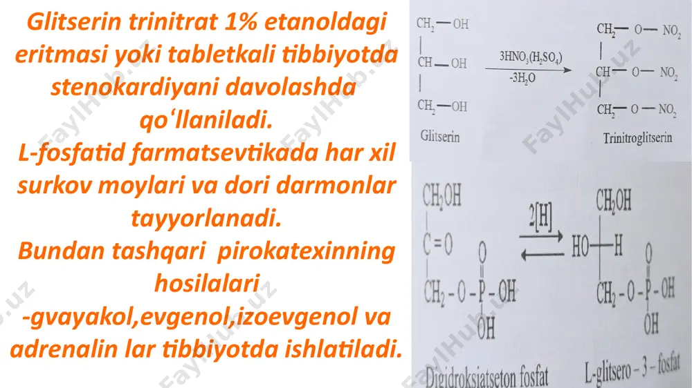ing assotsilanganligi bilan tushuntiriladi. spirtlarning suvda yaxshi erishiga sabab, ularning molekulalari bilan suv molekulalari orasida vodorod bog'lanishlar hosil bo'lishidir. gomologik qatorning keyingi a’zolarida eruvchanligining kamayishi uglevodorod radikalida uglerod atomlarining soni ko'payishi tufaylidir. vodorod bog'lanishlar puxta emas (17 — 22 kj/mol) va spirtlar bug'langanda oson uziladi. image1.png image2.png image3.png image4.jpeg image5.jpeg image6.png image7.png image8.png image9.gif image10.jpeg image11.png image12.jpeg image13.jpeg image14.jpeg image15.jpeg image16.gif image17.jpeg image18.jpeg image19.png image20.jpeg