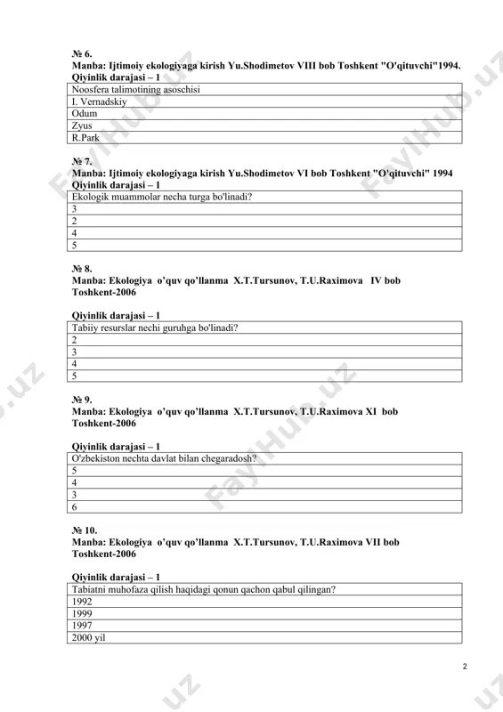 unov, t.u.raximova vii bob toshkent-2006 qiyinlik darajasi – 1 biosferada tirik moddalarning asosiy funksiyasi moddalarning aylanma harakati nafas olish parchalash konsentratsiyalash № 12. manba: ekologiya o’quv qo’llanma x.t.tursunov, t.u.raximova xiii bob toshkent-2006 qiyinlik darajasi – 1 atmosferadagi qaysi gaz ultrabinafsha nurlarni ushlab qoladi? ozon kislorod azot geliy № 13. manba: ekologiya o’quv qo’llanma x.t.tursunov, t.u.raximova xi bob toshkent-2006 qiyinlik darajasi – 1 tugamaydigan resurslarga quyidagilarning qaysilari kiradi? okean suvlari neft yer osti boyliklari o'simliklar № 14. manba: ekologiya o’quv qo’llanma x.t.tursunov, t.u.raximova iv bob toshkent-2006 qiyinlik darajasi – 1 populyatsiya nima tur ichida evolyutsiya jarayonida hosil bo'lgan guruhlar turlar hosil qilgan guruhlar jamoalar birlashmasi tur areali № 15. manba: ekologiya o’quv qo’llanma x.t.tursunov, t.u.raximova iii bob toshkent-2006 qiyinlik darajasi – 1 tana tempraturasi o'zgarmas turlar.. gomoyterm poykloterm epifit mezofit № 16. manba: ekologiya o’quv qo’llanma x.t.tursunov, t.u.raximova vi bobtoshkent-2006 qiyinlik darajasi – 1 eng katta ekotizim nima? biosfera o'rmonlar okean …