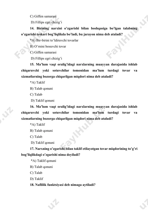 kich nima deb nomlanadi? *a) talabning narx bo’yicha egiluvchanligi ko’rsatkichi b) talabning daromad bo’yicha egiluvchanligi ko’rsatkichi c) taklifning narx bo’yicha egiluvchanligi ko’rsatkichi d) byudjet chizig’i 24. iste’molchi daromadining bir foizga o’zgarishi talabning necha foizga o’zgarishini ifodalovchi ko’rsatkich nima deb nomlanadi? *a) talabning daromad bo’yicha egiluvchanligi ko’rsatkichi b) talabning narx bo’yicha egiluvchanligi ko’rsatkichi c) taklifning narx bo’yicha egiluvchanligi ko’rsatkichi d) byudjet chizig’i 25. bozor sub’ektlari iqtisodiy manfaatlarining to‘qnashuvidan iborat bo‘lib, ular o‘rtasidagi yuqori foyda va ko‘proq naflilikka ega bo‘lish uchun kurash iqtisodiy jihatdan nima deb nomlanadi? *a) raqobat b) monopoliya c) oligapoliya d) sof monopoliya 26. raqobat kurashi nechta sub’ektlar o‘rtasida amalga oshadi? *a) 3ta b) 4ta c) 5ta d) 2ta 27. turli tarmoqlar korxonalari o‘rtasida eng yuqori foyda normasi olish uchun olib boriladigan kurashdan iborat bo’lgan jarayon va bunday raqobat foyda normasi kam bo‘lgan tarmoqlardan foyda normasi yuqori tarmoqlarga kapitallarning oqib o‘tishiga sabab bo‘ladigan jarayon nima deb nomlanadi? *a) tarmoqlararo …