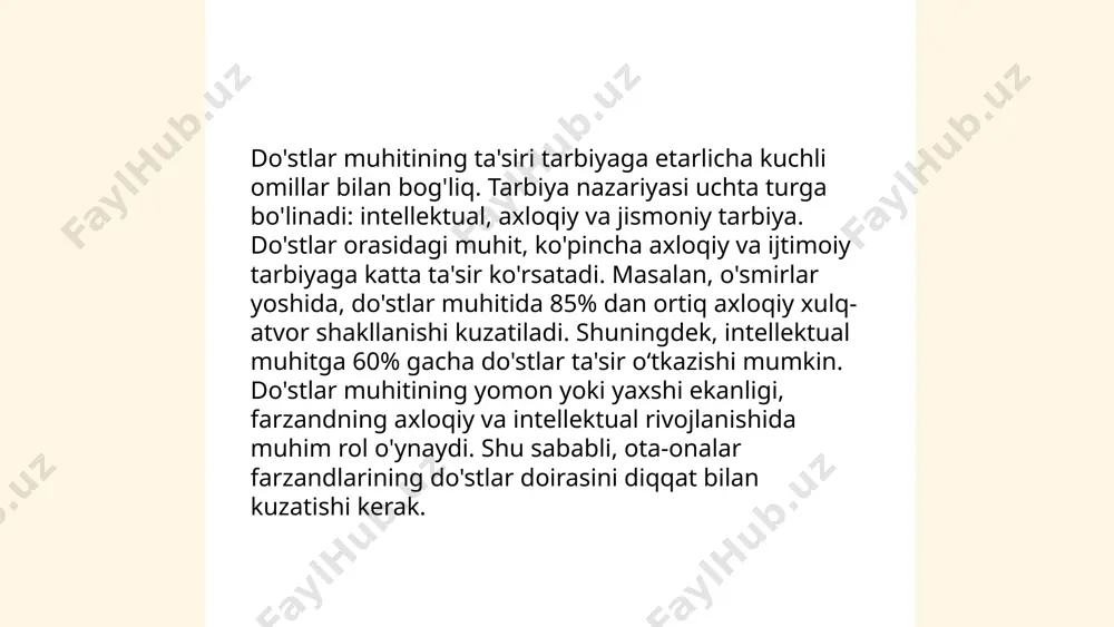 ahamiyatga ega. ota-onalar bilan bir qatorda, mahalla va jamoa yoshlarning tarbiyalanishiga ijobiy yoki salbiy ta'sir ko'rsatishi mumkin. masalan, jamoa madaniy tadbirlar orqali bolalarning madaniyat va an'analarini rivojlantiradi. tarbiya nazariyasiga ko'ra, tarbiya uch turga bo'linadi: aqliy, ma'naviy va jismoniy tarbiya. har bir tur o'ziga xos vazifalarni bajarib, yosh avlodning har tomonlama rivojlanishi va moslashuvi uchun zamin yaratadi. mahalla va jamoa, ayniqsa, ma'naviy tarbiyaga katta ta'sir ko'rsatadi, chunki ularda axloqiy qadriyatlar targ'ib qilinadi. ... t.me/slaydai_bot 13. ijobiy namuna tarbiyasi ijobiy namuna tarbiyasi tarbiya jarayonida muhim omil hisoblanadi. tarbiya nazariyasida 3 asosiy tur mavjud: jismoniy, axloqiy va estetik tarbiya. bu turlar har bir insonning har tomonlama rivojlanishida yordam beradi. tarbiyaga ta'sir etuvchi omillar orasida atrof-muhit, oilaviy muhit va ta'lim muhim rol o'ynaydi. jismoniy tarbiya insonning sog'lom o'sishiga yordam beradi, axloqiy tarbiya esa yaxshi xulq-atvorni shakllantiradi. estetik tarbiya insonning go'zallikni anglashi va qadrlashini rivojlantiradi. tarbiyaga ta'sir ko'rsatuvchi omillarni aniqlab, ijobiy namuna ko'rsatish orqali har …