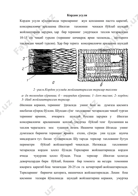 индустрия туризма: менеджмент организации. м.: «финансы и статистика», 2006. 14.зорин и.в., квартальнов в.а. энциклопедия туризма. м. финансы и статистика, 2000. 15. кабушкин н.н. менеджмент туризма. «новое знание» м., 2001. 16. квартальнов в.а. иностранный туризм. м.: «финансы и статистика», 2003. 17.квартальнов в.а. туризм . учебник. м., «финансы и статистика». 2004. 1-расм. фартук усулида жойлаштирилган терилар тахлови. 1-ёпиқ фартук; 2-умуртқа бўйича букланган терилар; 3-ёғоч таглик; 4- термометр учун тарнов; 5- жойлаштирилган партия; 6- очиқ фартук; 7- партия ёрлиғи. 2 –расм.кордон усулида жойлаштирилган терилар тахлови а- ён томондан кўриниш; б – юқоридан кўриниш; 1- ёғоч таглик; 2- кордон; 3- ёйиб жойлаштирилган терилар. 3-расм ярим кордон усулида жойлаштирилган терилар тахлови 1- ёпиқ фартук; 2- консерваловчи аралашма қавати; 3- тахлов чегарасида “балиқча” шаклида букланган терилар; 4- ёғоч таглик; 5- жойлаштирилган партия; 6- термометр учун тарнов; 7- очиқ фартук; 8- партия ёрлиғи.