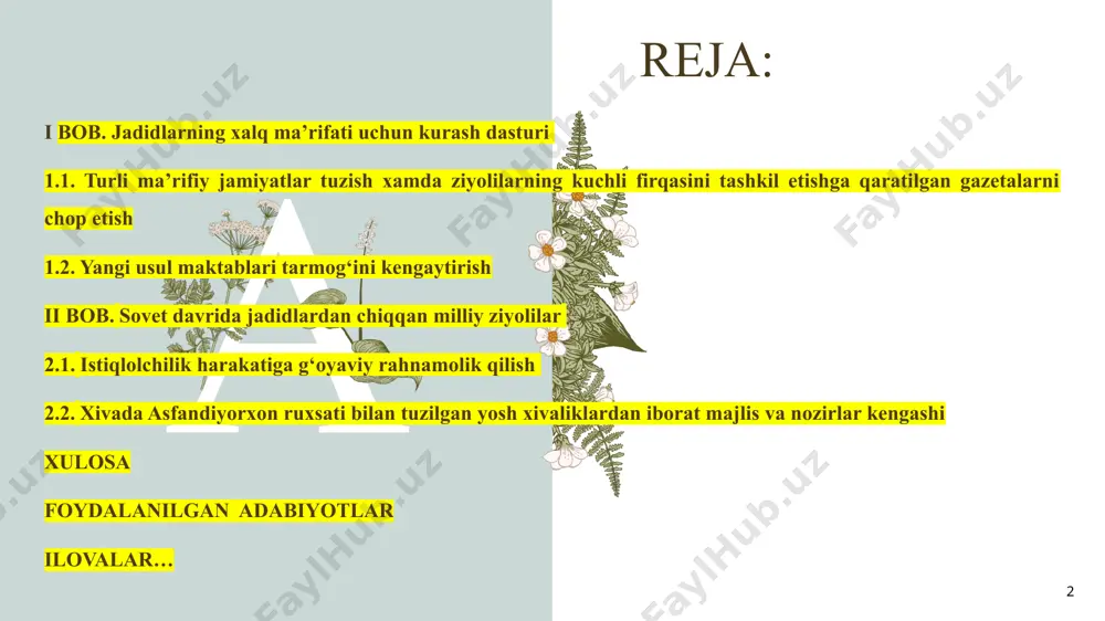 i. 4 5 birinchi prezidentimiz islom karimov hayotimizda dinning ahamiyati haqida gapirib, “yuksak ma'naviyat – yengilmas kuch” asarida ta'kidlagani kabi: “barchamizga yaxshi ma'lumki, din azaldan inson ma'naviyatining tarkibiy qismi sifatida odamzotning yuksak ideallari, haq va haqiqat, insof va adolat to‘g‘risidagi orzu-armonlarini o‘zida mujassam etgan, ularni barqaror qoidalar shaklida mustahkamlab kelayotgan g‘oya va qarashlarning yaxlit bir tizimidir”[1.22b].istiqlol yillarida el-yurtimiz taqdiriga daxldor bo‘lgan tarixiy adolatni tiklash, xalqimiz va millatimizning yaqin o‘tmishidagi yopiq sahifalarni to‘la ochib berish, shu tarixdan saboq chiqarib, bugungi va kelajak hayotimizga ongli qarashni shakllantirish, begunoh qurbon bo‘lgan insonlar xotirasini abadiylashtirish biz uchun ham qarz, ham farz edi. ayniqsa, bu borada tadqiqotlar olib borish ilmiy jamoatchilik zimmasidagi katta burch ekanini juda yaxshi ma'lum. 5 6 i bob. jadidlarning xalq ma’rifati uchun kurash dasturi 1.1 turli ma’rifiy jamiyatlar tuzish xamda ziyolilarning kuchli firqasini tashkil etishga qaratilgan gazetalarni chop etish. xix asr oxiri- xx asrning boshlarida siyosiy, madaniy, iqtisodiy jihatdan inqiroz holatiga …