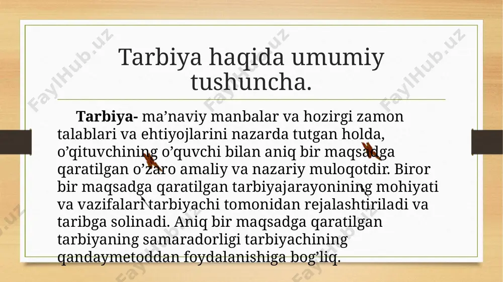 kda fuqarolik, siyosiy, baynalmilal, axloqiy, estetik, mehnat, jismoniy, huquqiy, ekologik, iqtisodiy tarbiyaga bo‘linadi. institutsional belgilariga bo‘yicha oila, ta’lim muassasasi, ta’lim muassasasidan tashqari, diniy, bolalar, yoshlar tashkilotlaridagi tarbiya, maxsus ta’lim muassasalaridagi tarbiyaga bo‘linadi. mehnat tarbiyasi mehnat faoliyati bolaning tevarak-atrofdagi muhitni, real buyumlarni anglab olishning mustahkam vositasi bo’lib, unda nazariy bilimlarni qo’llash imkoniyatini yaratib beradi, uning ongini hissiy tasavvurlar bilan boyitadi. mehnat tarbiyasining maqsadi – shaxsda mehnat faoliyatini tashkil etish, ko’nikma va malakalarni hosil qilish, ijtimoiy mehnatni qadrlash, mehnatsevarlik tarbiyasini tarbiyalash sanaladi. mehnat tarbiyasini tashkil etishning vazifalari quyidagicha: mehnatning mohiyatini anglatish orqali shaxs kamoloti va jamiyat taraqqiyotidagi rolini yoritish inson mehnati mahsuli bo’lgan moddiy va ma’naviy ne’matlarni qadrlash, asrashga o’rgat mehnat qilishga nisbatan rag’batni, muhabbatni uyg’otish o’quvchilarning mehnatga ijtimoiy burch sifatida yondashuvlarini yuzaga keltirish mehnat faoliyatini tashkil etishga ongli ravishda vijdonan yondashoshni odatlantirish mehnat faoliyatini jamoa asosida tashkil etish mehnatga hayotiy zarurat inson faoliyatining asosi sifatida munosabatda bo’lish mehnatni ilmiy asosda tashkil …