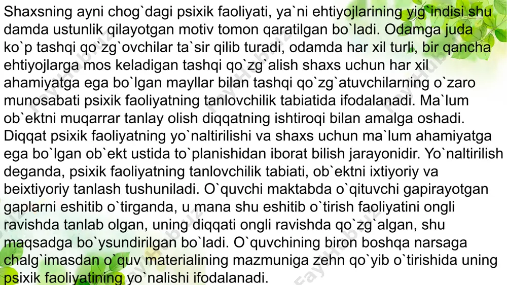 ing maroqliligi, qiziqarli yoki kutilmaganda favqulotdaligi bilan odamni o`z - o`ziga jalb eta oladi. odam o`ziga ta`sir qilayotgan narsalarga, hodisalarga, bajarayotgan faoliyatiga beixtiyor berilib ketadi. masalan: biror ishni bajarayotgan odam radioda yoqimli kuy yoki ashulani eshitib qolsa yoki e`lonni eshitsa u beixtiyoriy qilayotgan ishini tashlab radioga quloq soladi. biroq biz ko`zlagan maqsad va qabul qilingan qaror tufayli ma`lum bir ishni bajarish lozimligini bilar ekanmiz, bunday holda diqqatning yo`nalishi va to`planishi ixtiyoriy tabiatga ega bo`lishi mumkin. biz bunday paytda diqqatimizni bajarayotgan ishimizga qaratishni maqsad qilib qo`yamiz. qo`zg`atuvchining to`xtatib ta`sir qilishi muhim ahamiyatga egadir. bizga doim ta`sir qilib turuvchi yorug`likka qaraganda ma`lum vaqt oralig`ida yonib - uchib turuvchi yorug`lik diqqatimizni o`ziga tezroq jalb qiladi. xuddi shuningdek qo`zg`atuvchining to`xtashi ham diqqatimizni jalb qiladi. masalan: o`quvchi bir xil shovqinda dars tayyorlayotgan bo`lsa (ventilyator shovqinida), shovkinni payqamaydi, agar shovqin to`xtasa u darhol sezadi. qo`zg`atuvchining tashqi xarakterimizga bog`liq bo`lgan diqqatni deyarli majburiy diqqat deb hisoblashimiz mumkin. …