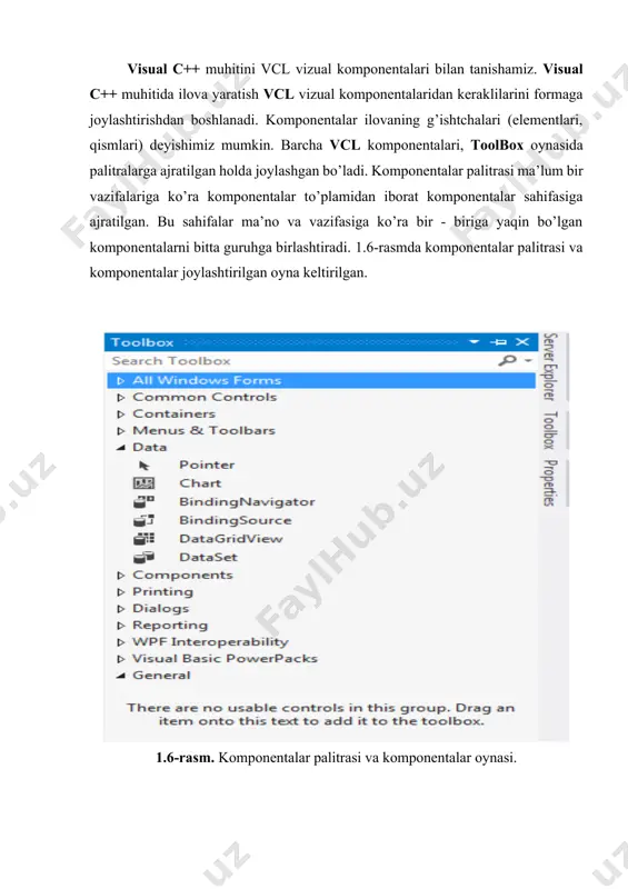 tatik matnning to’rtburchak sohasini aks ettiradi. odatda matn boshqa komponenta nomidan iborat bo’ladi. nom matni text xususiyatining qiymatidir. alignment xususiyati matnni tekislash usulini aniqlaydi. shrift o’lchami avtomatik tarzda sohaning maksimal to’ldirilishiga mos kelishi uchun, autosize xususiyatining true qiymatini o’rnating. kalta soha ichida matnning hammasini ko’rish imkoniga ega bo’lish uchun, wordwrap xususiyatiga true qiymatini bering. transparent xususiyatiga true qiymatini o’rnatsangiz, boshqa komponentaning bir qismini to’g’ri uning ustida joylashtirilgan nom orasidan ko’rinib turadigan qilishingiz mumkin. textbox axborot yakka satrining tahrir qilinayotgan kiritishidagi to’rtburchak sohani shaklda aks ettiradi. tahrir sohasining ichidagi boshlang’ich narsalarni text xususiyatining qiymati bo’lgan satr aniqlaydi. textbox komponentasi ttextbox sinfining to’g’ridan-to’g’ri hosilasi bo’lib, uning barcha xususiyatlari, metodlari va voqealariga vorislik qiladi. button yozuvli to’rtburchak tugmani yaratadi. tugmacha bosilganda, dasturda biror-bir hatti-harakat nomlanadi (initstiallashtiriladi). tugmachalar ko’proq dialogli darchalarda qo’llanadi. default xususiyatining true qiymati tomonidan tanlab olingan yashirin tugmacha, dialog darchasida har gal enter klavishasi bosilganda onclick voqea qayta ishlatgichini ishga tushiradi. …