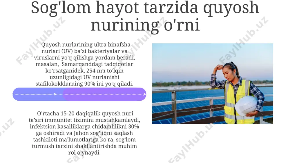 i ochiq havoda oziq-ovqat mahsulotlarini saqlashda muhim ahamiyatga ega. quyosh nurlanishi va immunitet tizimi quyosh nurlanishi terida d vitamini sintezini 60% gacha oshiradi, bu esa immunitet tizimining 200 dan ortiq funksiyasini, shu jumladan infektsiyalarga qarshilikni kuchaytiradi. tadqiqotlar shuni ko'rsatdiki, kunning 15 daqiqalik quyosh nurlanishi braziliya kabi mamlakatlarda, immunitet hujayralari faolligini sezilarli darajada oshirishi mumkin. quyosh nuri va ruhiy salomatlik 2021 yilgi tadqiqotlarga ko'ra, quyosh nuriga yetarlicha ta'sir qilmaydigan bolalarda, masalan, farg'ona vodiysidagi bolalarda, diqqat etish qobiliyati va xotira bilan bog'liq muammolar 10-15% ga ko'proq uchraydi. kuzatuvlar shuni ko'rsatadiki, kuniga kamida 15 daqiqa quyosh nurida bo'lish, 70% hollarda uyqu buzilishi bilan bog'liq muammolarni yaxshilashga yordam beradi, bu esa butun dunyo bo'ylab, jumladan, samarqandda ham ahamiyatlidir. quyosh nuri va uyqu o'rtacha 15 daqiqalik quyosh nurini qabul qilish, kun davomida to'plangan stressni kamaytiradi va toshkentdagi tadqiqotlar shuni ko'rsatdiki, uyqusizlik muammolarini yengillashtiradi. amerika qo'shma shtatlaridagi tadqiqotlarga ko'ra, kuniga kamida 30 daqiqa quyosh nuri bilan …