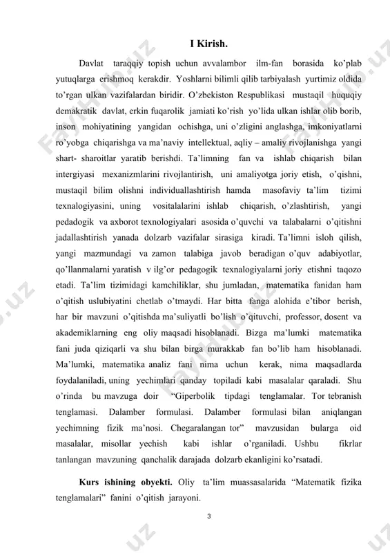 i asosan 4 ga bo’linadi: i kirish, ii asosiy qism, iii xulosa, iv foydalanilgan adabiyotlar ro’yxati, hamda ilovadan iborat bo’ldi. matematika sohasidagi ta’lim sifatini oshirish va ilmiy - tadqiqotlarni rivojlantirish chora-tadbirlari to’g’risida qarori. mamlakatimizda matematika 2020- yildagi ilm – fanni rivojlantirishning ustuvor yo’nalishlaridan biri sifatida belgilandi. o’tgan davr ichida matematika ilm – fani va ta’limini yangi sifat bosqichiga olib chiqishga qaratilgan qator tizimli ishlar amalga oshirildi. birinchidan, ilg’or ilmiy markazlarda faoliyat yuritayotgan vatandosh matematik olimlarning taklif qilinishi va xalqaro ilmiy- tadqiqotlar olib borilishi uchun zarur shart- sharoit yaratildi. ikkinchidan, xalqaro fan olimpiyadalarida g’olib bo’lgan yoshlarimiz va ularning murabbiy ustozlari mehnatini rag’batlantirish tizimi joriy etildi. uchinchidan, oliy ta’lim va ilmiy- tadqiqotlarning o’zaro integratsiyalashuvini ta’minlash maqsadida talabalar shaharchasi fanlar akademiyasining b.i .romanovskiy nomidagi matematika institutining ( keyingi o’rinlarda - institut ) yangi va zamonaviy binosi barpo etildi. matematika sohasidagi fundamental tadqiqotlarni moliyalashtirish hajmi bir yarim barobarga oshirildi, budjet mablag’lari hisobidan superkompyuter, zamonaviy …