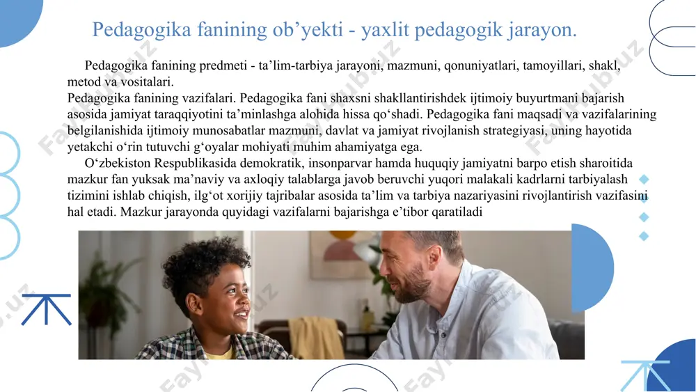ondentlarning erkin, batafsil javob berishlari uchun imkon beruvchi savollar); yopiq turdagi savollar (respondentlar «ha», «yo‘q», «qisman» yoki «ijobiy», «qoniqarli», «salbiy» va hokazo tarzdagi javob variantlarini tanlash orqali savollarga javob beradilar). anketa metodini qo‘llashda ham bir qator shartlarga amal qilish zarur. ular quyidagilardir: anketa savollari tadqiq etilayotgan muammoning mohiyatini yoritishga xizmat qilishi lozim; anketa savollari yirik hajmli va noaniq bo‘lmasligi kerak; anketa savollari o‘quvchilarning dunyoqarashi, yosh va psixologik xususiyatlarini inobatga olish asosida tuzilishi zarur; anketa savollari respondentlar tomonidan to‘la javoblar berilishini ta’minlovchi vaqtni kafolatlay olishi zarur; anketa o‘quvchilarning pedagogik va psixologik tavsifnomalarini tuzish manbaiga aylantirib yuborilmasligi zarur; anketa javoblari muayyan mezonlar asosida puxta tahlil etilishi shart. intervyu metodi respondent tomonidan tadqiq etilayotgan muammoning u yoki bu jihatini yorituvchi hodisaga nisbatan munosabat bildirilishini ta’minlaydi. intervyu respondent e’tiboriga turkum savollarni havola etish asosida o‘tkaziladi. intervyu jarayonida olingan savollarga nisbatan tadqiqotchi tomonidan munosabat bildirilishi uning samarasini oshiradi. test metodini qo‘llashda aniqlanishi zarur bo‘lgan bilim, …