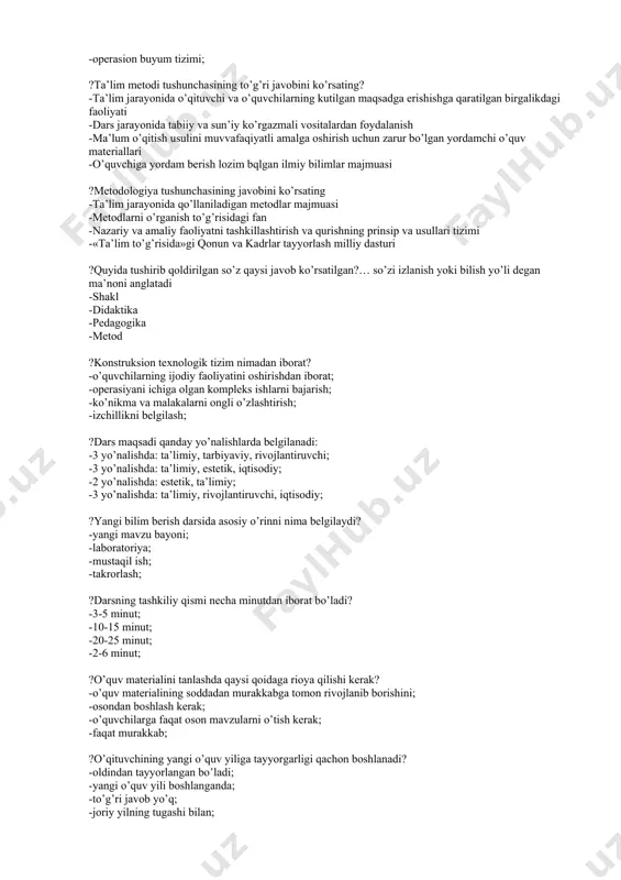 gilang? -kichik mutaxassis; -o’rta mutaxassis; -oliy mutaxassis; -o’rta ma’lumotli mutaxassis. ?ta’lim turlarining ketma-ketligini aniqlang: 1) maktabgacha ta’lim va tarbiya; 2)maktabdan tashqari ta’lim; 3) professional ta’lim; 4) umumiy o’rta va maxsus ta’lim; 5) oilada ta’lim olish; 6) oliy ta’lim; 7) oliy o’quv yurtidan keyingi ta’lim; 8) kadrlar malakasini oshirish va ularni qayta tayyorlash. -1,4,3,6,7,8, 2 -4,3,8,7,6,5,2; -5,2,7,6,3,4,1; -1,2,3,5,6,7,8; ?o’zbekiston respublikasida kadrlar tayyorlash milliy modelining asosiy tarkibiy qismlari? -maktabgacha ta’lim va tarbiya; umumiy o’rta va maxsus ta’lim; professional ta’lim; oliy ta’lim; oliy o’quv yurtidan keyingi ta’lim; kadrlar malakasini oshirish va ularni qayta tayyorlash; maktabdan tashqari -oliy majlis, vazirlar mahkamasi, oliy sud, matbuot; -respublika, viloyatlar va mahalliy boshqaruv organlari. -shaxs, davlat va jamiyat, uzluksiz ta’lim, fan, ishlab chiqarish; ?o’quv jarayonini rejalashtirishda o’quv adabiyotlar bilan ishlash tayyorgarlikning qaysi turiga kiradi? -tashkiliy tayyorgarlik; -metodik tayyorgarlik; -ilmiy tayyorgarlik; -sinf xonasini tayyorlash; ?og’zaki ta’lim metodlari qaysi javobda ko’rsatilgan? -hikoya, suhbat, mashq -ma’ruza, trening, suhbat -hikoya, suhbat, ma’ruza …