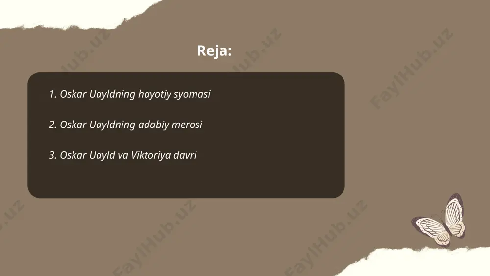 shoqlikda o'tkazdi. ... t.me/slaydai_bot uayldning eng mashhur asarlari ichida "dorian greyning portreti" (1890) asari alohida ajralib turadi. bu asar yozuvchining yagona romani bo‘lib, ijtimoiy nozik muammolarni yorqin aks ettirgan. uayldning boshqa mashhur asarlari qatoridan "er ostidan yozilgan maktublar" (1895) - komediya janridagi asari alohida e'tiborga molik. shuningdek, "salome" (1893) - badiiy tragediyasi ham mashhurlik kasb etgan. uning qisqa hikoyalari, xususan "baxtli shahzoda" hamda "selfish giant", bolalar uchun yozilgan ertaklari orasida mashhur, dostonlarida esa ma'naviy va axloqiy masalalar yoritilgan. uayld ijodi 19-asr oxiri va 20-asr boshidagi ingliz adabiyotida sezilarli ta'sir ko‘rsatgan. ... t.me/slaydai_bot oskar uayld (oscar wilde) - mashhur ingliz dramaturgi va yozuvchisi. uning eng taniqli drama asarlari orasida "salome" (1891), "the importance of being earnest" (1895), "lady windermere's fan" (1892), "a woman of no importance" (1893) va "an ideal husband" (1895) bor. uayldning dramalari ko'pincha ijtimoiy satira, komediya va jamiyatning ikkiyuzlamachiligini ochib berishga qaratilgan. "the importance of being earnest" ustoziysi …