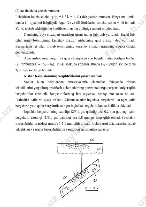 dagi qismi uning tubi deb yuritiladi. kanal tubi bilan nisab tekisligining kesishuv chizig’i nishabning quyi chizig’i deb yuritiladi. berma tekisligi bilan nishab tekisligining kesishuv chizig’i nisabning yuqori chizigi deb yuritiladi. agar inshootning yuqori va quyi chiziqlarini son belgilari aniq berilgan bo‘lsa, (2) formulani l = (hyu – hq) . m (4) shaklida yoziladi. bunda hyu – yuqori son belgi va hq – quyi son belgi bo‘ladi. nishab tekisliklarining bergshtrihlarini yasash usullari. sonlar bilan belgilangan proeksiyalarda chizmalar chizganda nishab tekisliklarini yaqqolroq tasvirlash uchun ularning gorizontallariga perpendikulyar qilib bergshtrihlar chiziladi. bergshtrihlarning biri ingichka, boshqa biri uzun bo‘ladi. ikkinchisi qalin va qisqa bo‘ladi. chizmada ular ingichka bergshtrih, so‘ngra qalin bergshtrih yoki qalin bergshtrih so‘ngra ingichka bergshtrih ketma-ketlikda chiziladi. ingichka bergshtrihning uzunligi (2/3)l ga, qalinligi esa 0.2 mm gat eng, qalin bergshtrih uzunligi (1/3)l ga, qalinligi esa 0.8 mm ga teng qilib olinadi (1-shakl). bergshtrihlar orasidagi masofa 1-1,5 mm qilib olinadi. ushbu usul chizmalarda …