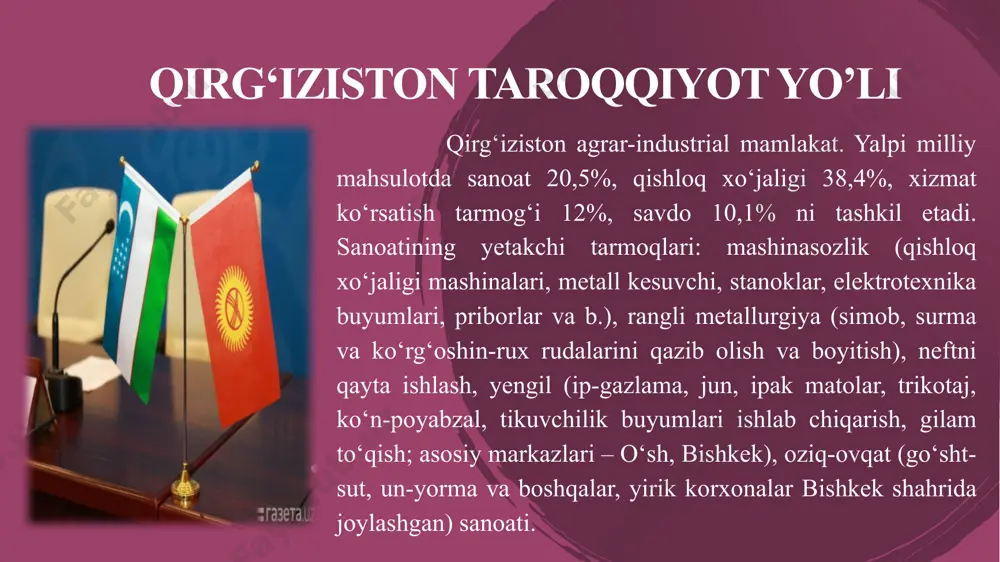 ntabriga kelib respublika oʻz mustaqilligini eʼlon qildi. tojikiston mustaqilligi 1991-yilning 26-dekabrida sovet ittifoqi parchalanib ketganidan keyin tan olindi. tojikiston respublikasi tojikiston respublikasi— oʻrta osiyoning janubi-sharqida joylashgan davlat. sovet ittifoqidan 1991-yil 9-sentabrda mustaqil bo’lib chiqqan va sentabr kuni bayram sifatida nishonlanadi. maydoni 143.100 ming km². aholisi 8,486,300 kishi (2014). gʻarbiy va shimoli-gʻarbiy tomonidan oʻzbekiston bilan, shimoliy tomonidan qirgʻiziston, sharqiy tomonidan xitoy bilan va janubiy tomonidan afgʻoniston davlatlari bilan chegaradosh. poytaxti — dushanbe shahri. maʼmuriy jihatdan togʻli badaxshon muxtor viloyati, 2 viloyat va 45 tumanga boʻlinadi. tojikistonning dengizga chiqish imkoniyati yo'q. tojikiston prezidenti imomali rahmon. bosh vazir: qohir rasulzoda. 16 tojikiston — respublikasi, unitar demokratik ijtimoiy -huquqiy davlat. amaldagi konstitutsiyasi 1994-yil 6-noyabrda qabul qilingan. davlat boshligʻi — prezident (1994-yildan imomali rahmon), u tojikiston fuqarolari tomonidan 7 yil muddatga saylanadi. qonun chiqaruvchi hokimiyatni majlisi oliy, ijrochi hokimiyatni bosh vazir boshchiligida vazirlar kengashi (hukumat) amalga oshiradi. turkmaniston mustaqilligi 1991-yilda sovet ittifoqi parchalanganidan keyin mustaqillikka …