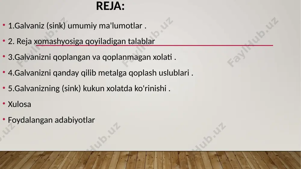 lik darajasi – optimal darajada bo‘lishi kerak, ortiqcha namlik deformatsiyaga olib kelishi mumkin. 2. aniqlash usullari laboratoriya sinovlari – zichlik, mustahkamlik va boshqa xossalarni aniqlash. mexanik sinovlar – bosim, cho‘zilish va egilish sinovlari orqali sifatni tekshirish. vizual baholash – yuzasi tekisligi va nuqsonlarning borligini aniqlash. 3. zichligi materialning zichligi uning mustahkamligini aniqlaydi. kam zichlik – yengillik va issiqlik izolatsiyasi uchun muhim. yuqori zichlik – mexanik yuklarga chidamlilikni oshiradi. 4. mustahkamligi yuk ko‘tarish qobiliyatiga bog‘liq. cho‘zilish, bosim va egilish kuchlariga bardosh berishi kerak. ishlatiladigan soha talablariga mos bo‘lishi lozim. 5. shovqinga chidamliligi material ovoz yutish xususiyatiga ega bo‘lishi kerak. akustik izolyatsiyani ta’minlashi lozim. muhandislik loyihalarida talab etiladigan darajada shovqinni kamaytirish xususiyatiga ega bo‘lishi zarur. bu talablar mahsulot sifatini oshirish va uning uzoq muddat ishlashini ta’minlash uchun muhim hisoblanadi. 2-yo'li 2. elektro-galvanizatsiya (electro-galvanizing) • bu usulda elektr toki yordamida rux ionlari po‘lat yuzasiga joylashtiriladi. • metall elektrolitik eritmaga joylashtiriladi va tok beriladi, …